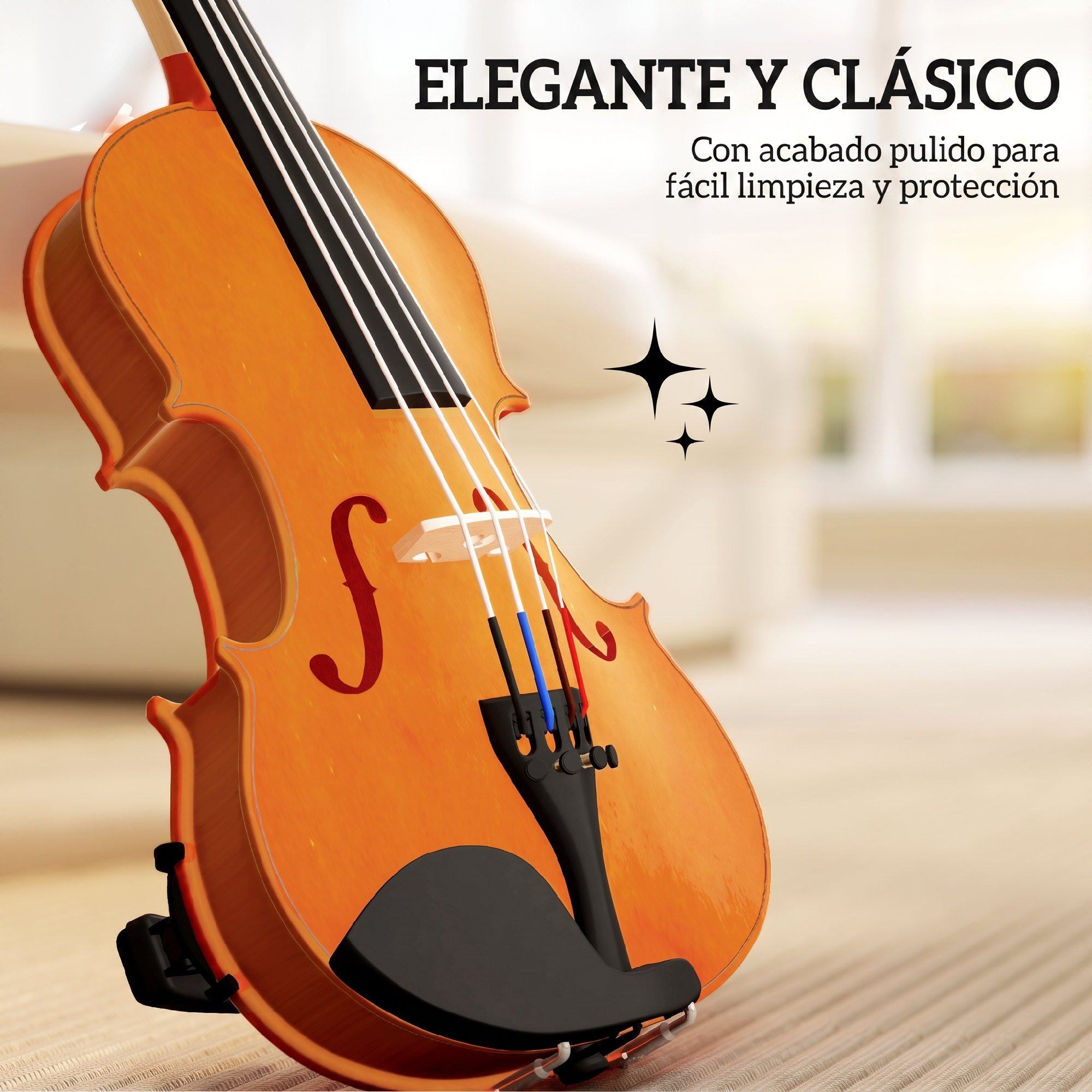 Primer plano de un violín de madera pulida apoyado en el interior.
