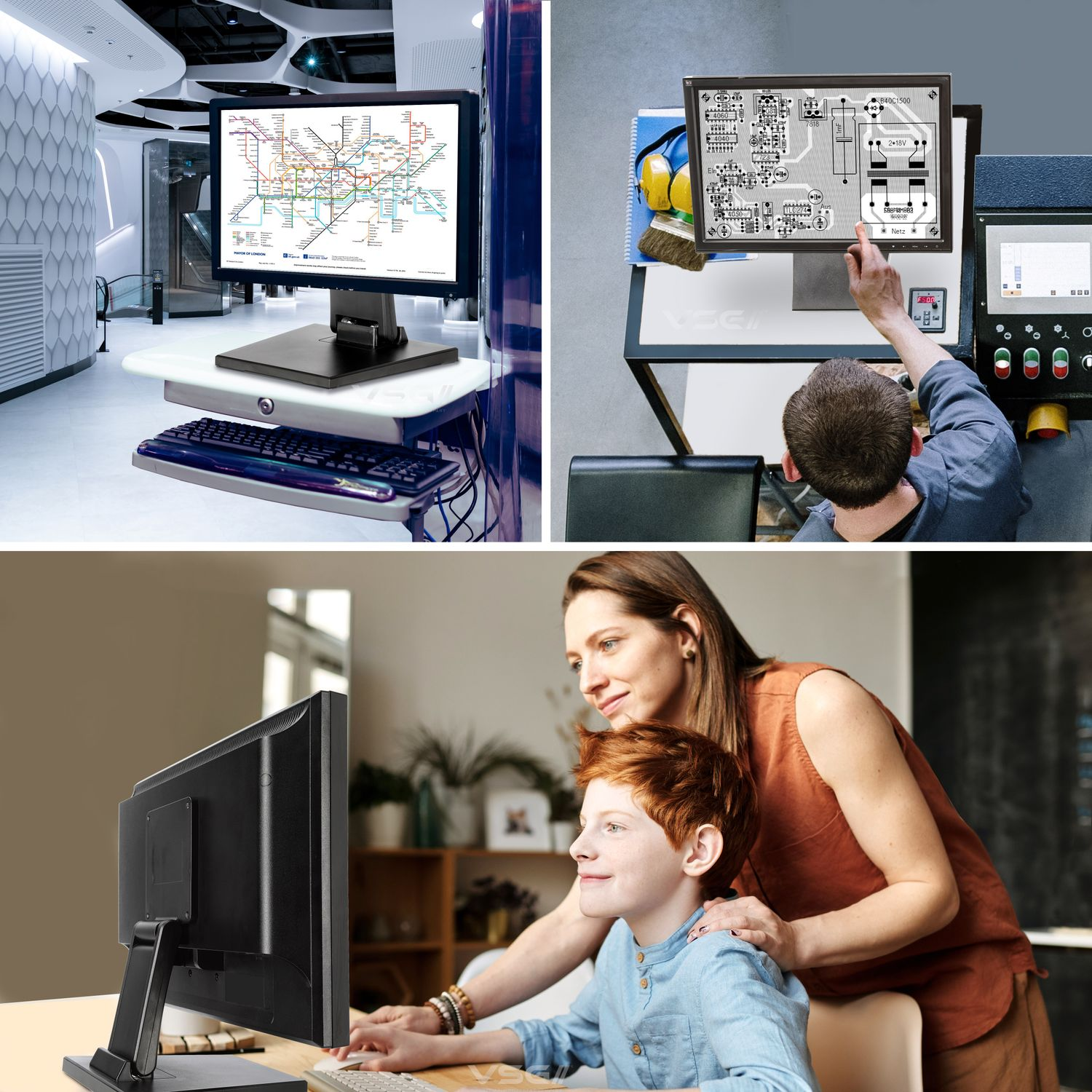 Collage zeigt drei verschiedene Szenen mit Computermonitoren in modernen Arbeits- und Lernumgebungen.