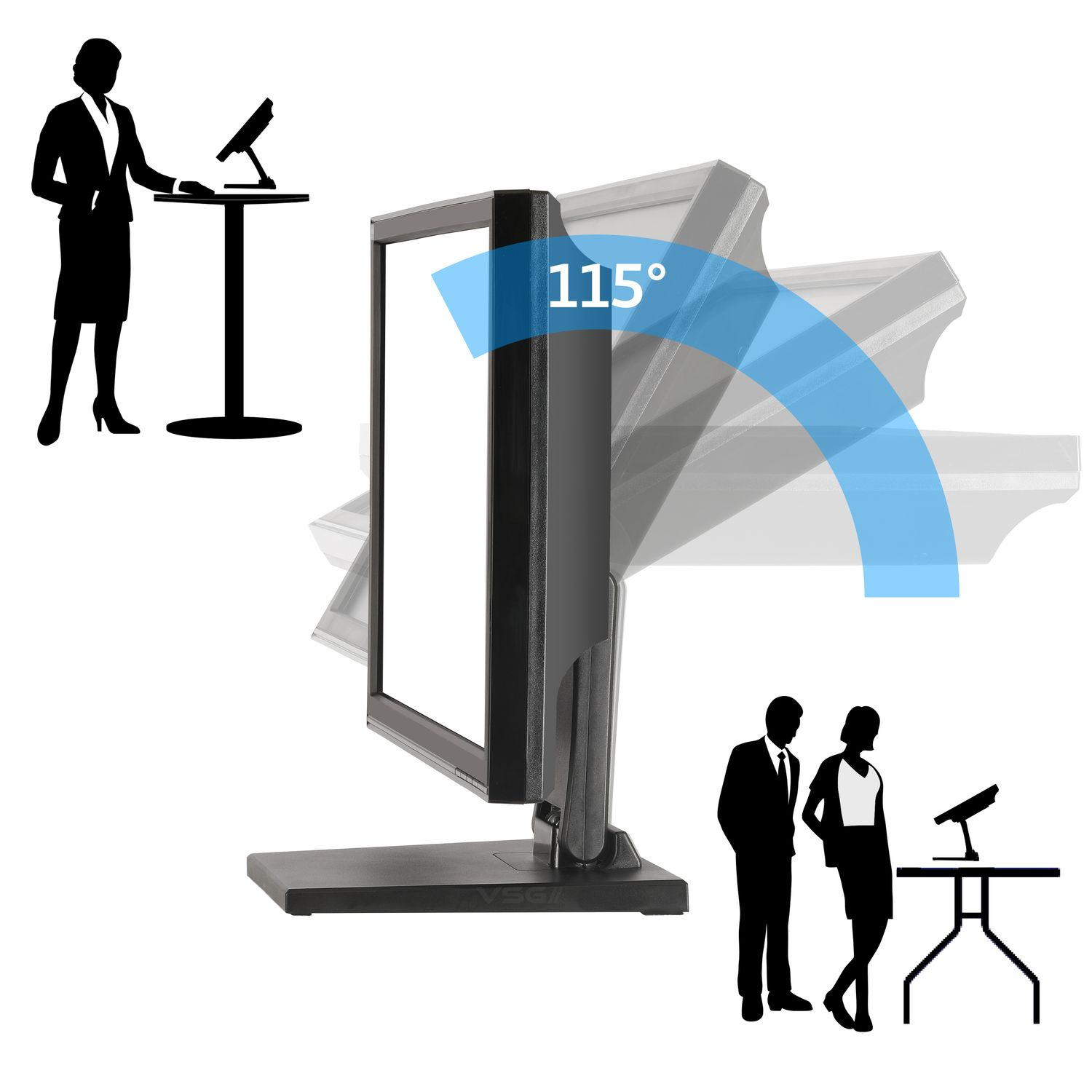 Ein Monitor mit 115-Grad-Neigungsbereich und Schattenrissen von Personen.
