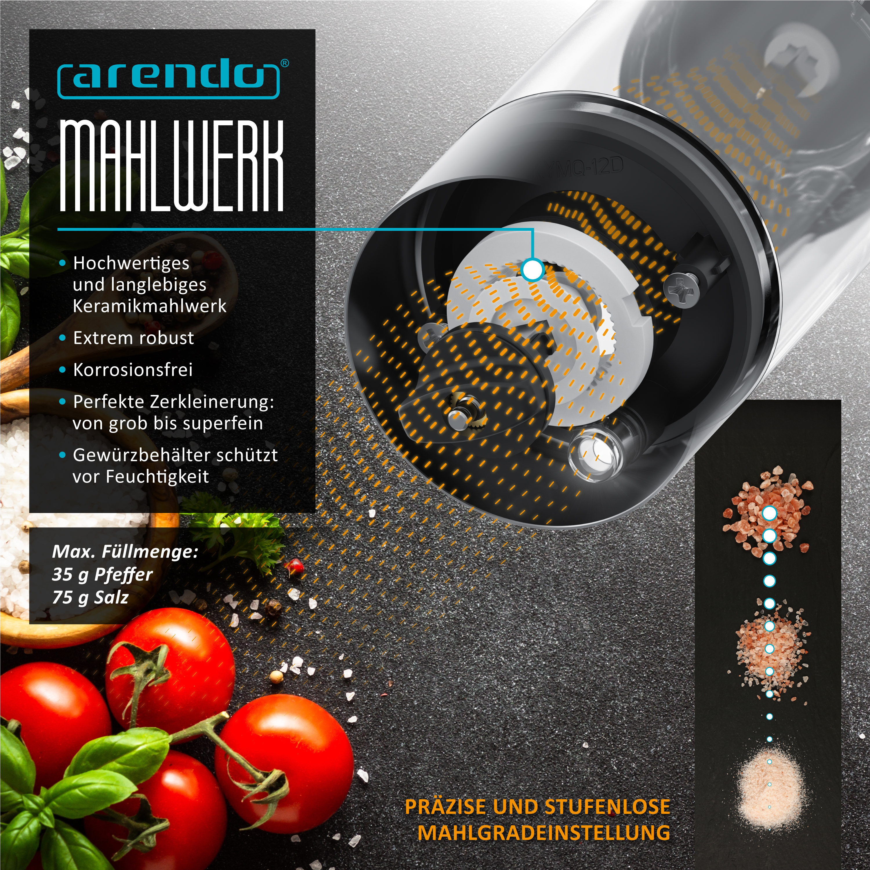 Arendo Gewürzmühle mit Keramikmahlwerk, verstellbarem Mahlgrad und frischen Zutaten wie Tomaten und Salz.