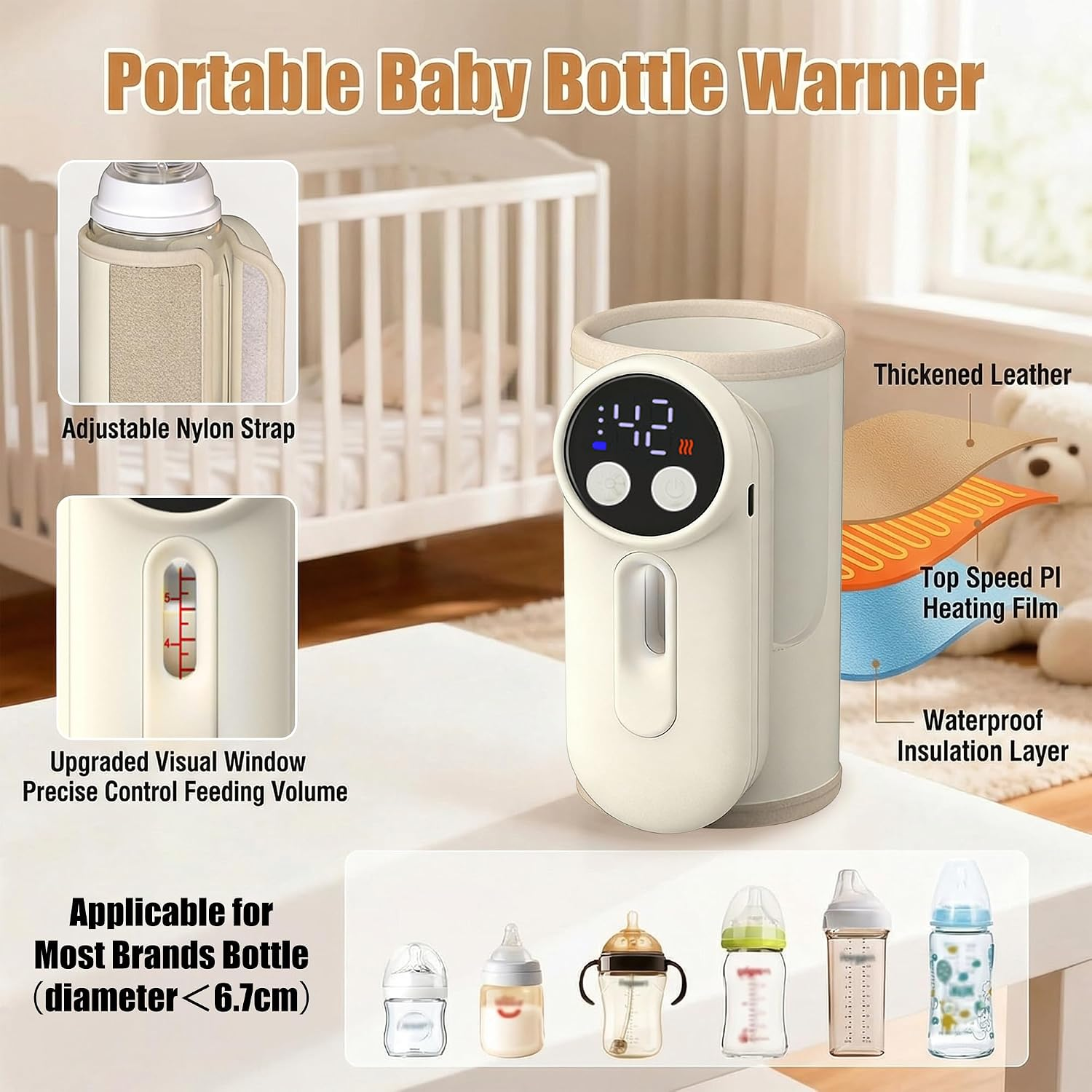Tragbarer Babyflaschenwärmer mit digitaler Anzeige, verstellbarem Riemen und verschiedenen Flaschenkompatibilitäten.