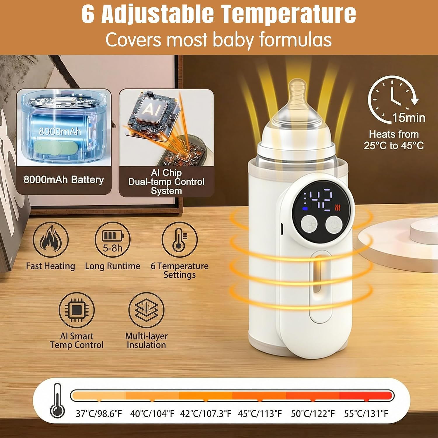 Ein tragbarer Flaschenwärmer mit Temperatureinstellungen, Akkuinfo und Funktionen auf einem Holztisch.