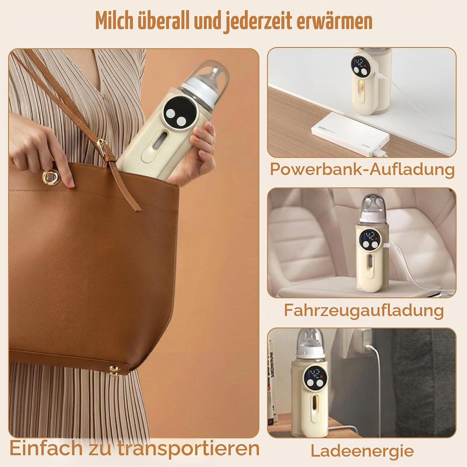 Tragbarer Babyflaschenwärmer wird in Taschen gesteckt, mit Powerbank, im Auto und zu Hause aufgeladen.