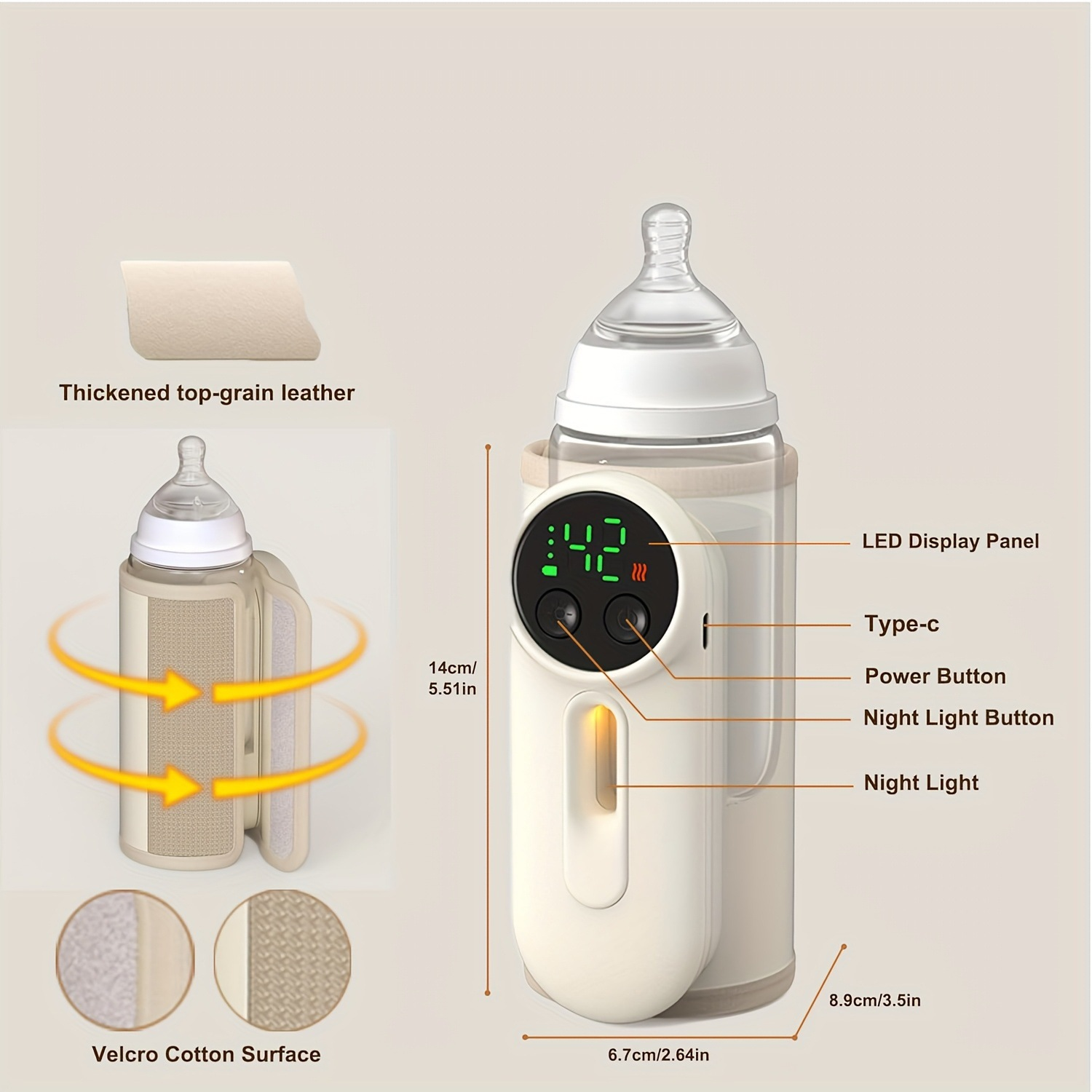 Intelligenter Babyflaschenwärmer mit LED-Display, Maßen und Beschriftungen der Funktionen.