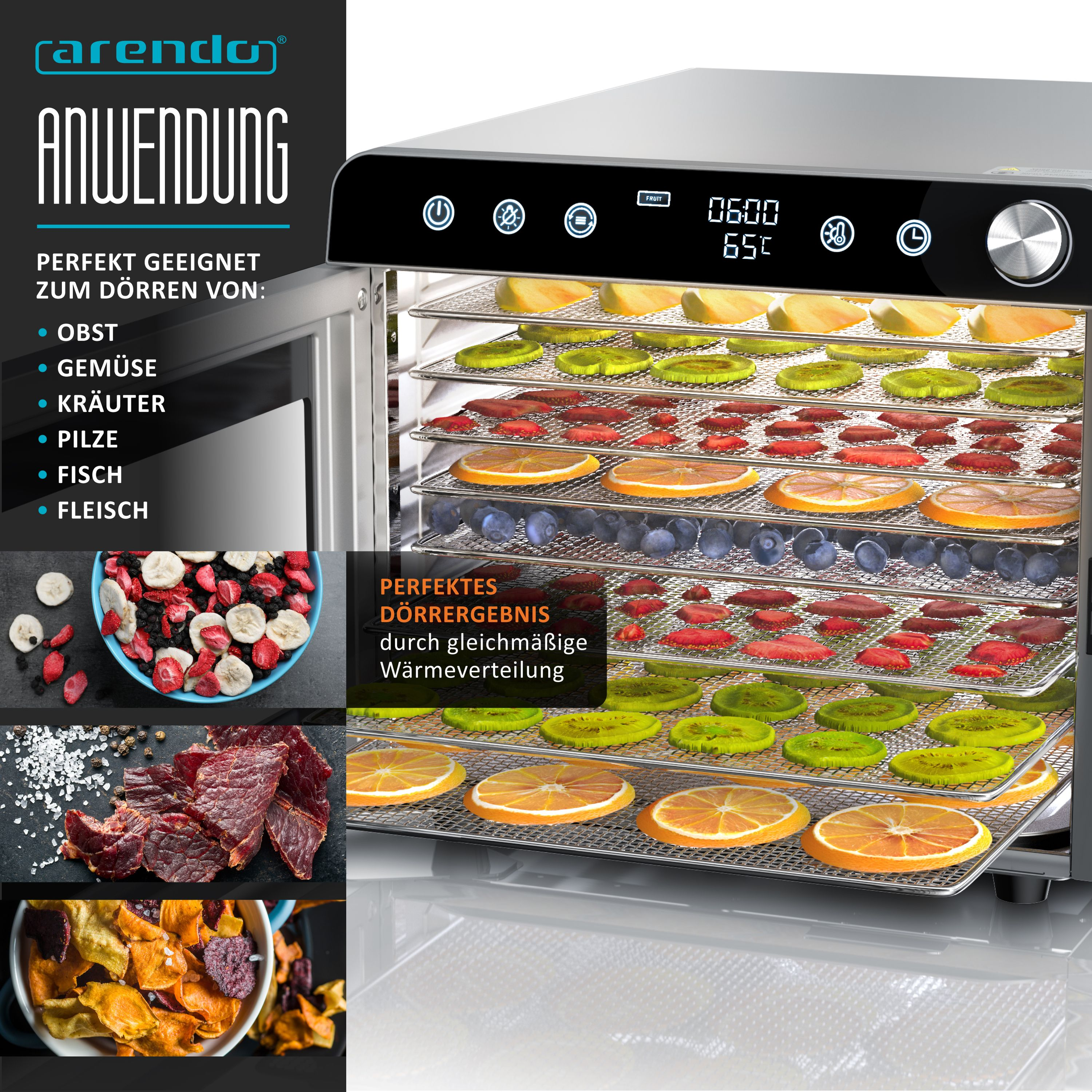 Arendo Dörrautomat mit gefüllten Ebenen voller getrocknetem Obst und Gemüse, inklusive digitaler Bedienleiste.