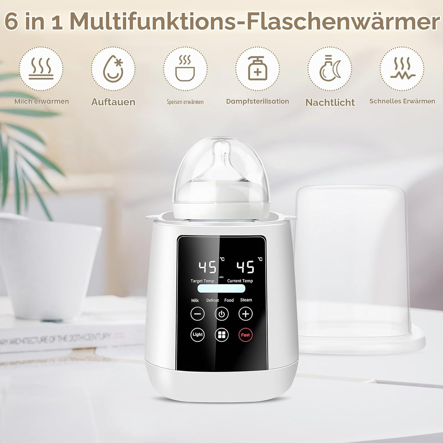 Ein weißer 6-in-1 Flaschenwärmer mit Digitaldisplay, Fläschchen oben und Funktionssymbolen darüber.