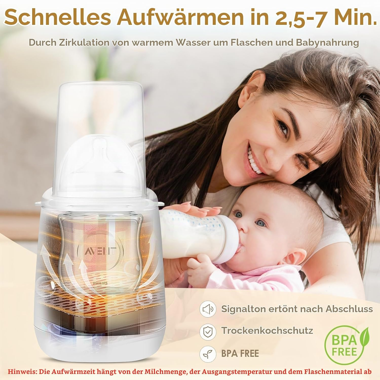 Eine Mutter lächelt, während ihr Baby aus einer Flasche trinkt, mit einem transparenten Flaschenwärmer und Text.