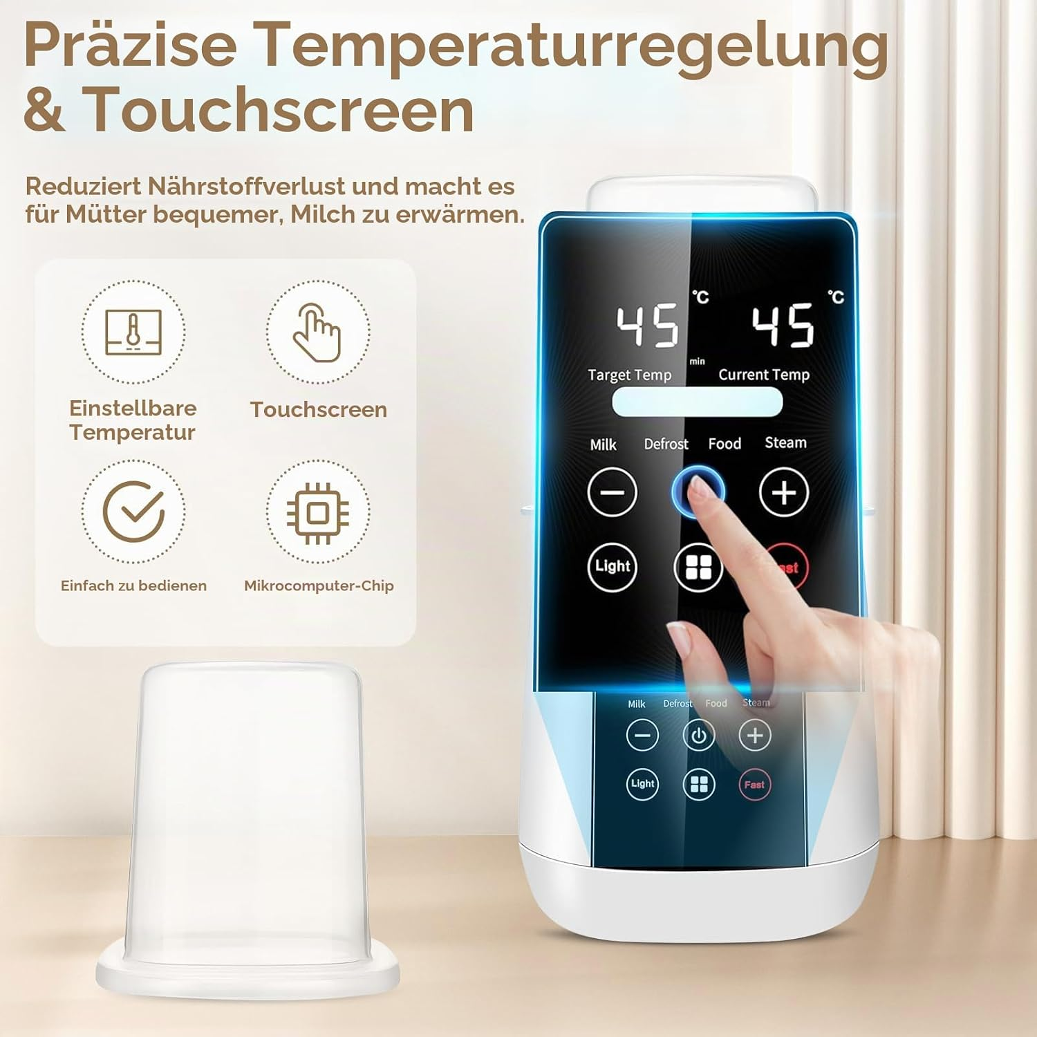 Ein Finger bedient das Touchscreen-Display eines weißen Flaschenwärmers mit digitaler Temperaturanzeige.