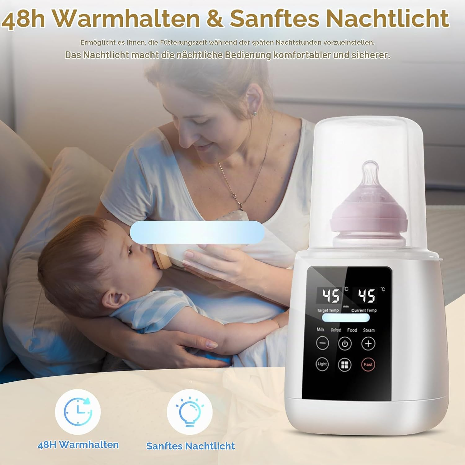 Eine Mutter füttert ihr Baby, im Vordergrund ein weißer Flaschenwärmer mit 45 Grad Celsius.