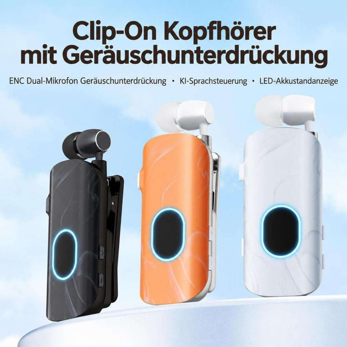 Drei farbige Clip-On-Kopfhörer mit Noise-Cancelling und LED-Anzeige vor hellem Hintergrund.