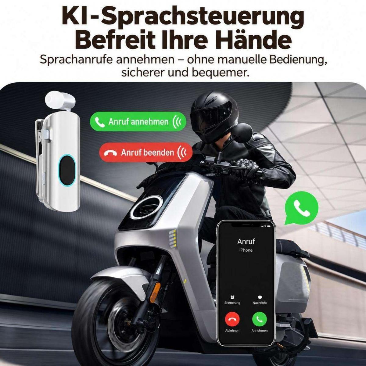 Ein Motorradfahrer nutzt ein Sprachsteuerungsgerät, um Anrufe freihändig auf dem Smartphone anzunehmen.
