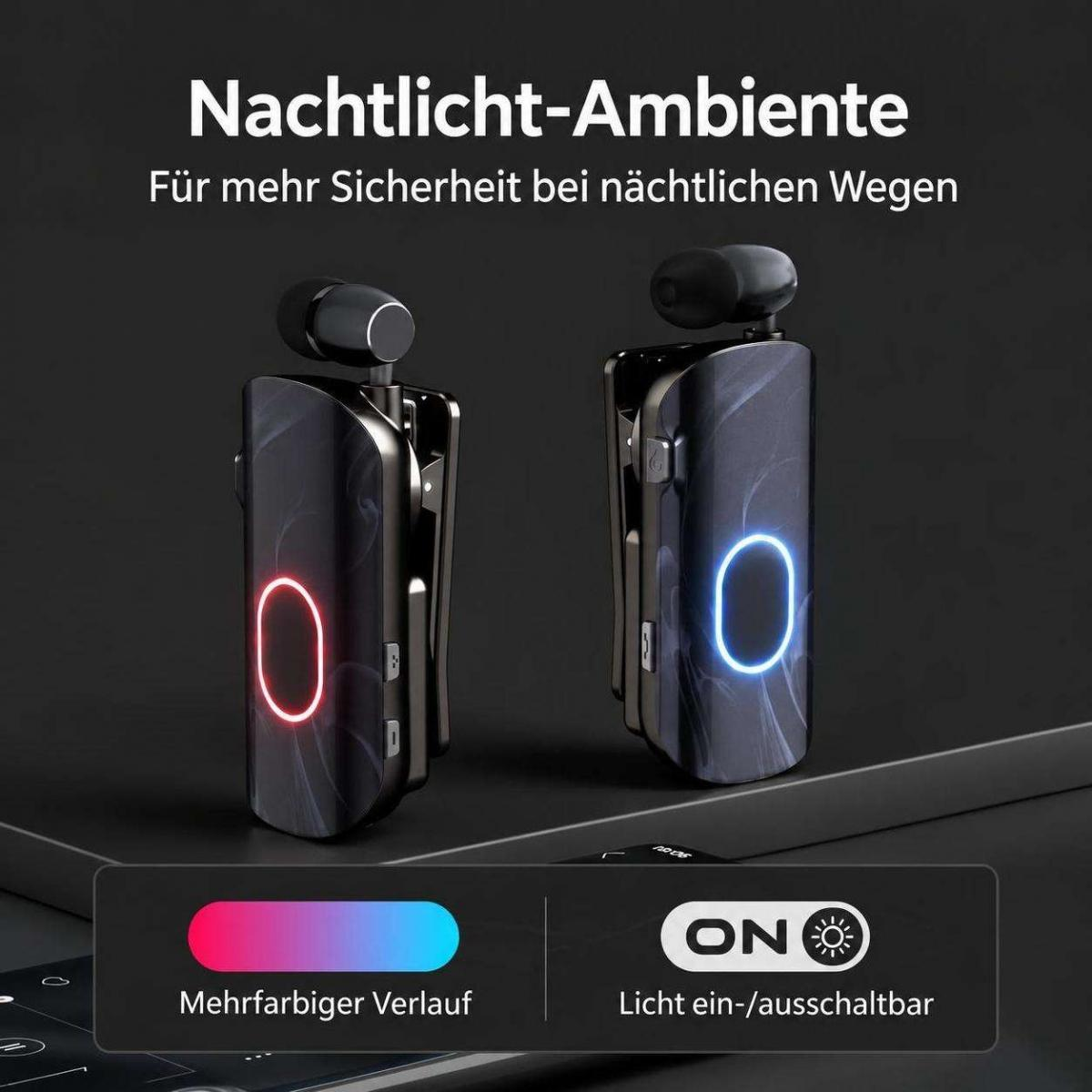 Zwei schwarze Clip-Kopfhörer mit beleuchteten ovalen Ringen auf dunklem Hintergrund.