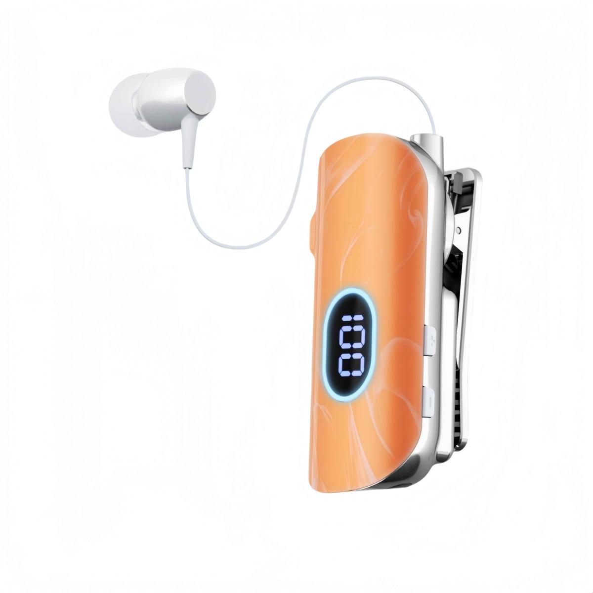 Ein orange marmorierter Clip-Kopfhörer mit Display, das die Zahl 100 anzeigt, und einem verbundenen Ohrstöpsel.