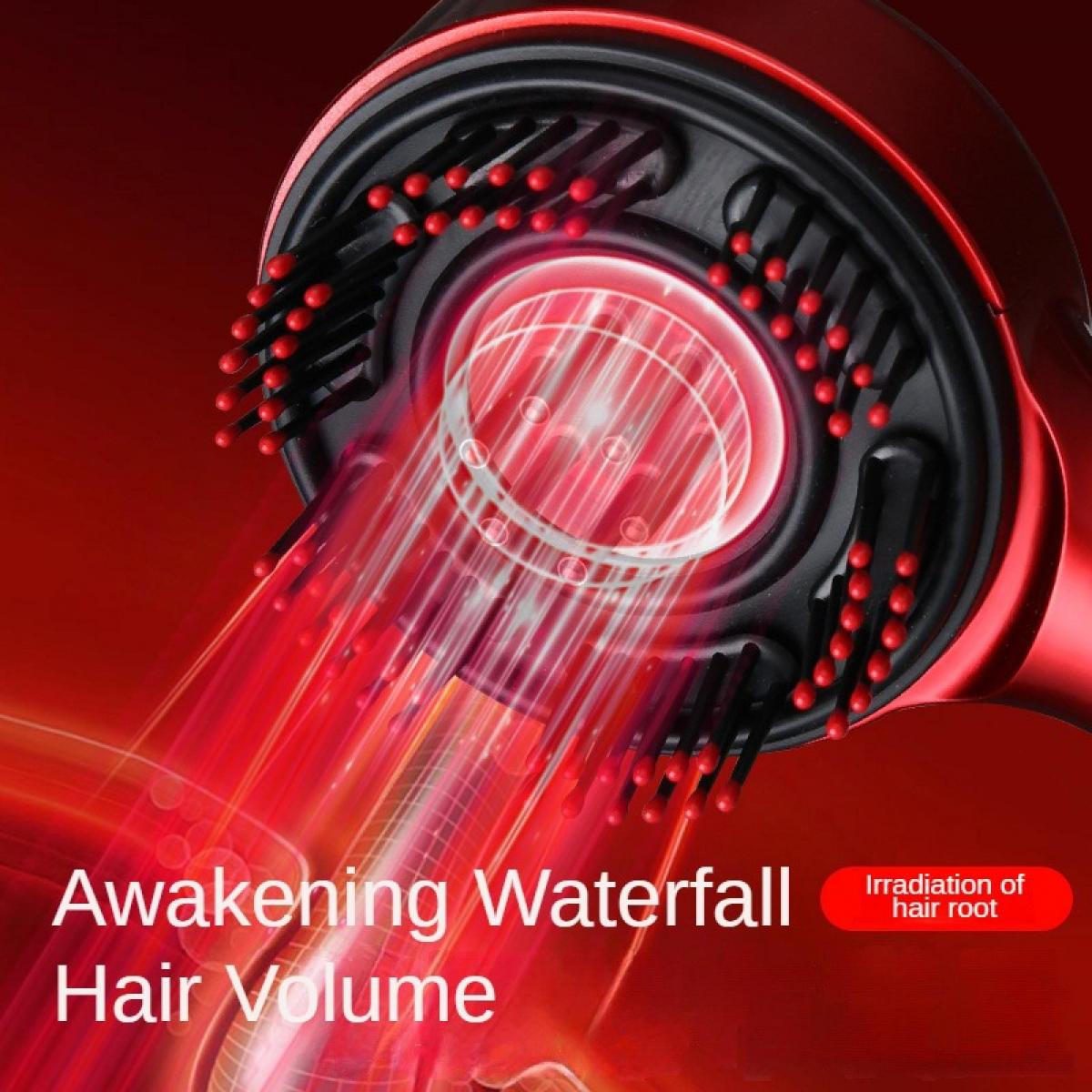 Roter Haartrockner mit roten Lichtstrahlen und Borsten, Text Awakening Waterfall Hair Volume.
