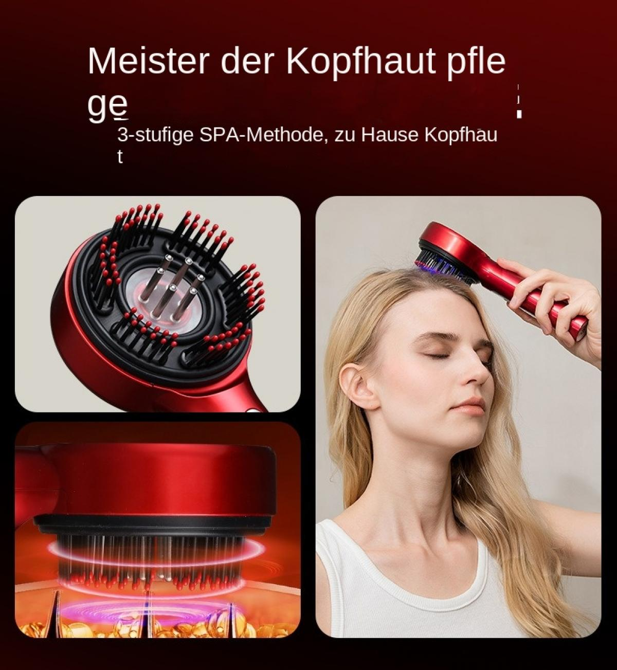 Eine Frau nutzt ein rotes Kopfhautpflegegerät, Nahaufnahmen zeigen die Bürste und die Lichttherapie.