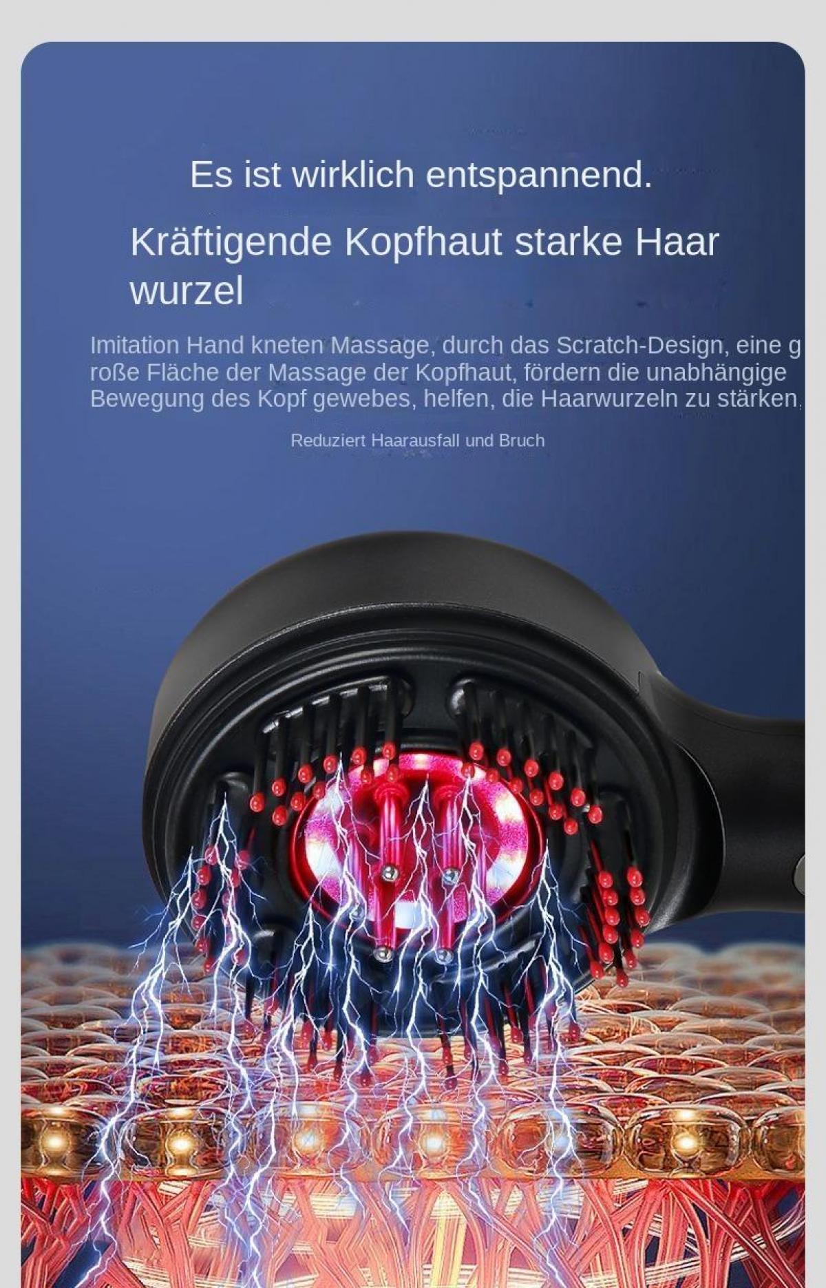 Ein schwarzes Massagegerät mit roten Lichtern über einer haarähnlichen Struktur mit elektrischen Effekten.
