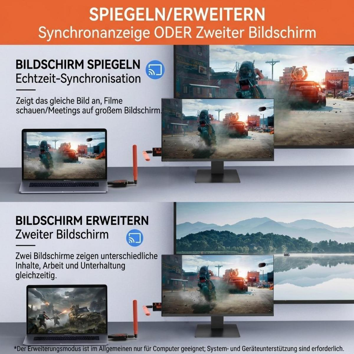 Anleitungsbild zeigt Laptop-Bildschirme, die über einen WLAN-Adapter auf größere Displays dupliziert oder erweitert werden.