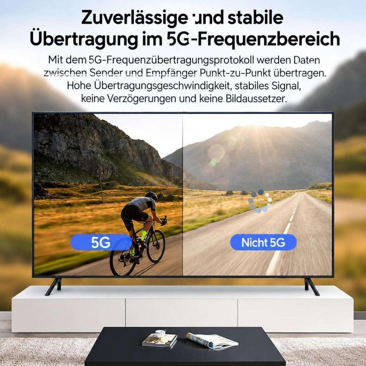 Ein Fernseher vergleicht 5G- und Nicht-5G-Übertragung: flüssiges Video bei 5G, stockend ohne 5G.