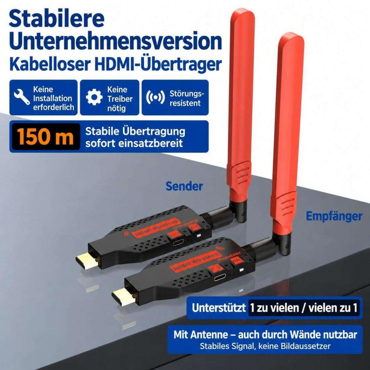 Zwei schwarze HDMI Wireless Sender und Empfänger mit roten Antennen auf einem Tisch.