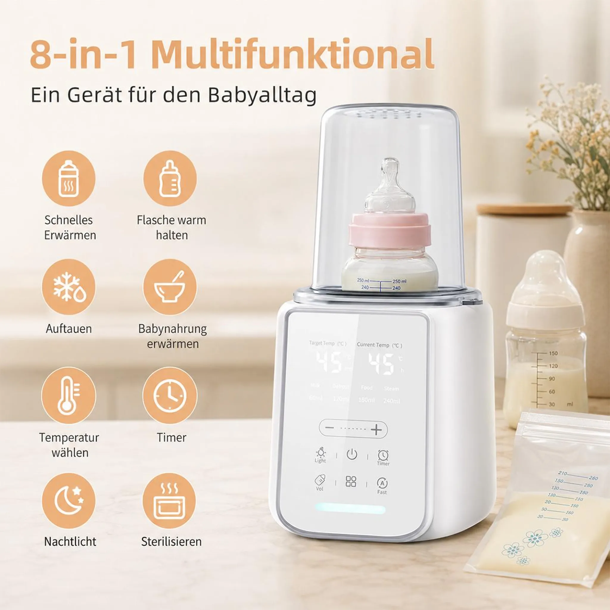 Ein weißer 8-in-1 Babyflaschenwärmer mit Digitaldisplay wärmt eine Flasche unter einer Abdeckung auf der Arbeitsplatte.