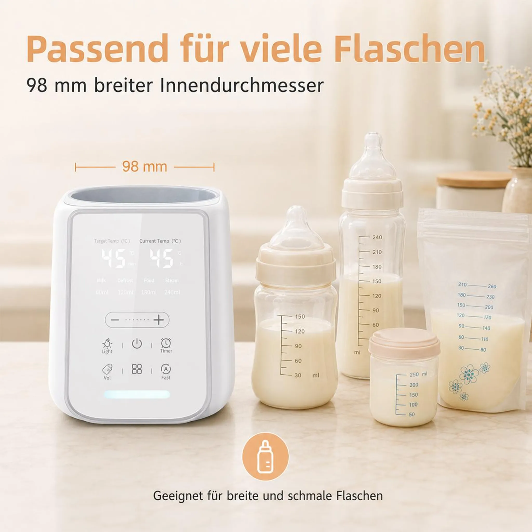 Weißer Flaschenwärmer mit 98 mm Durchmesser, umgeben von verschiedenen Babyflaschen und Milchbeuteln auf einem Tisch.