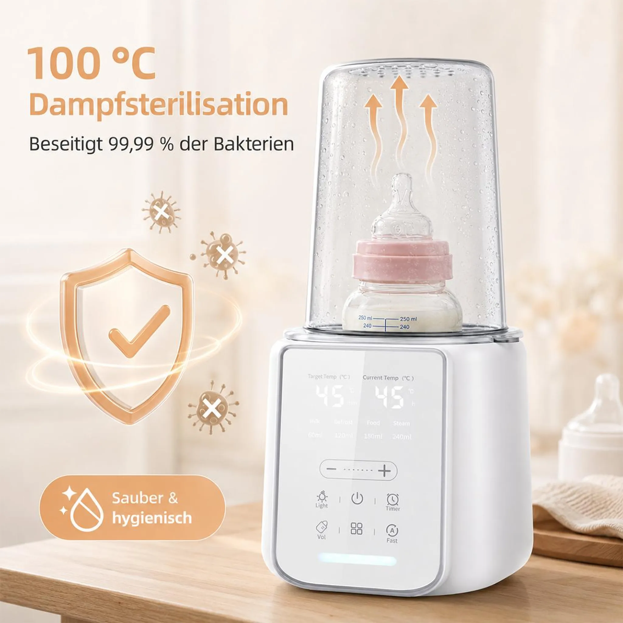 Ein weißer Flaschensterilisator mit einer Babyflasche, aufsteigenden Dampfpfeilen und einem Schild-Symbol.