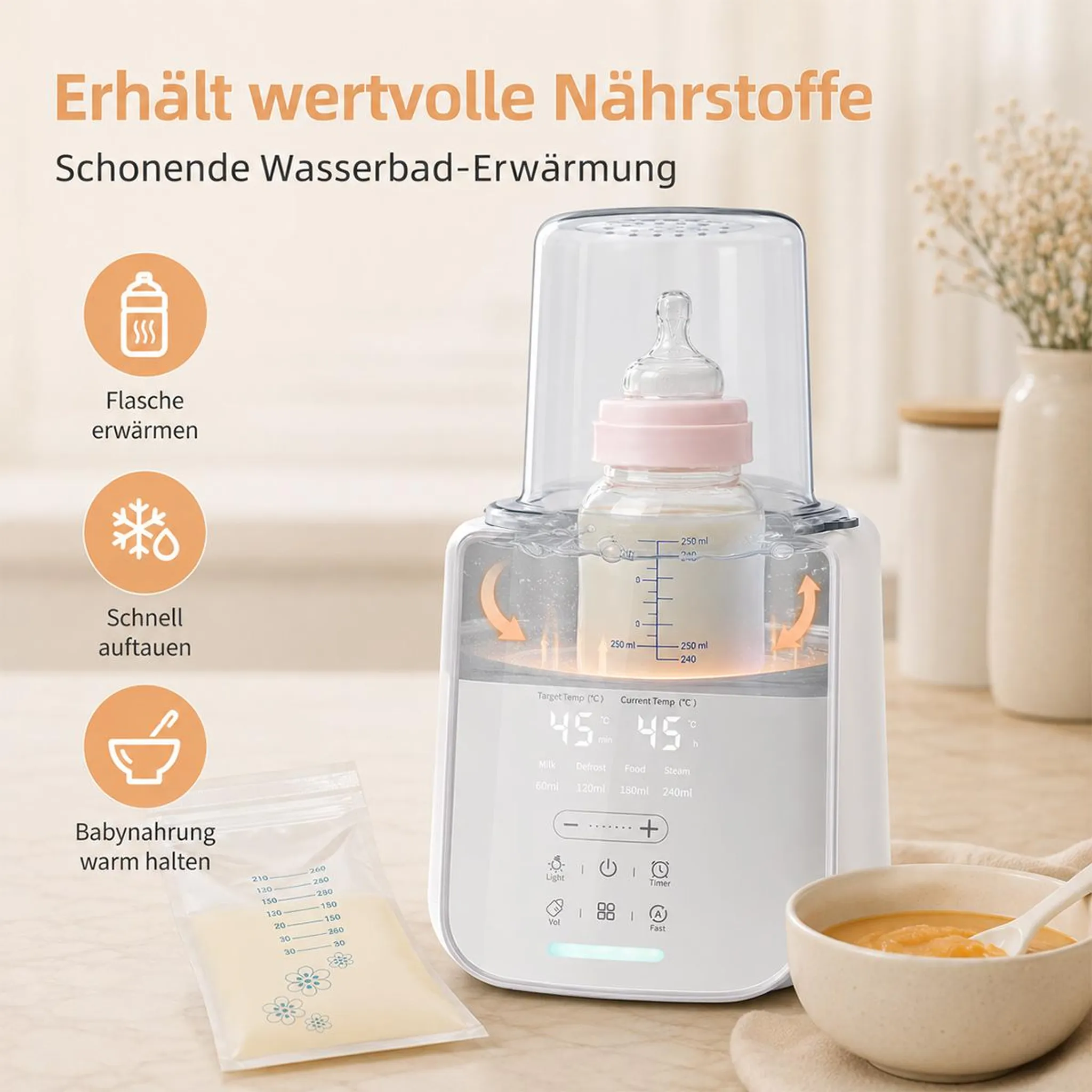 Ein weißer Babyflaschenwärmer mit digitalem Display und einer Flasche im Wasserbad, umgeben von Text und Symbolen.
