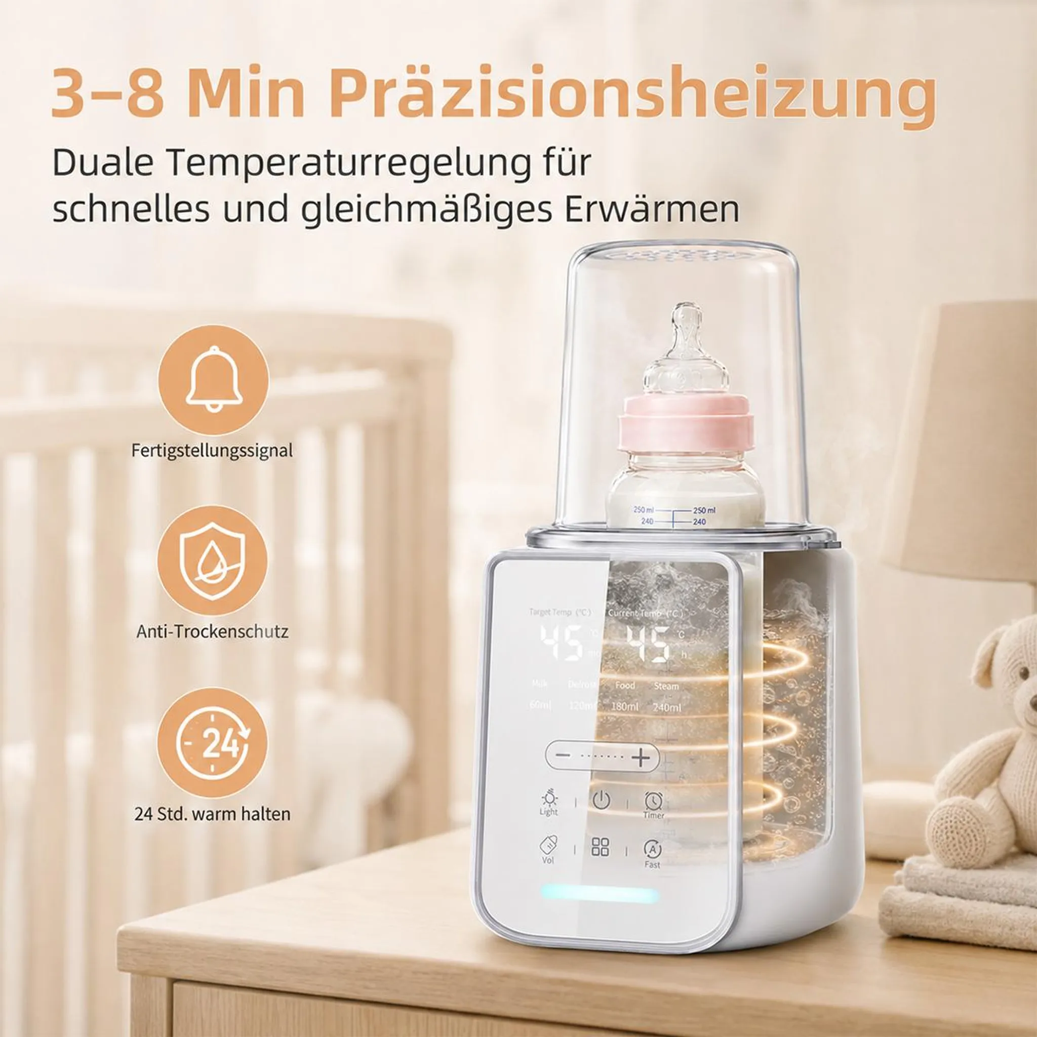 Ein Milchwärmer auf einem Holztisch mit Fläschchen, digitalen Tasten und Text auf Deutsch.