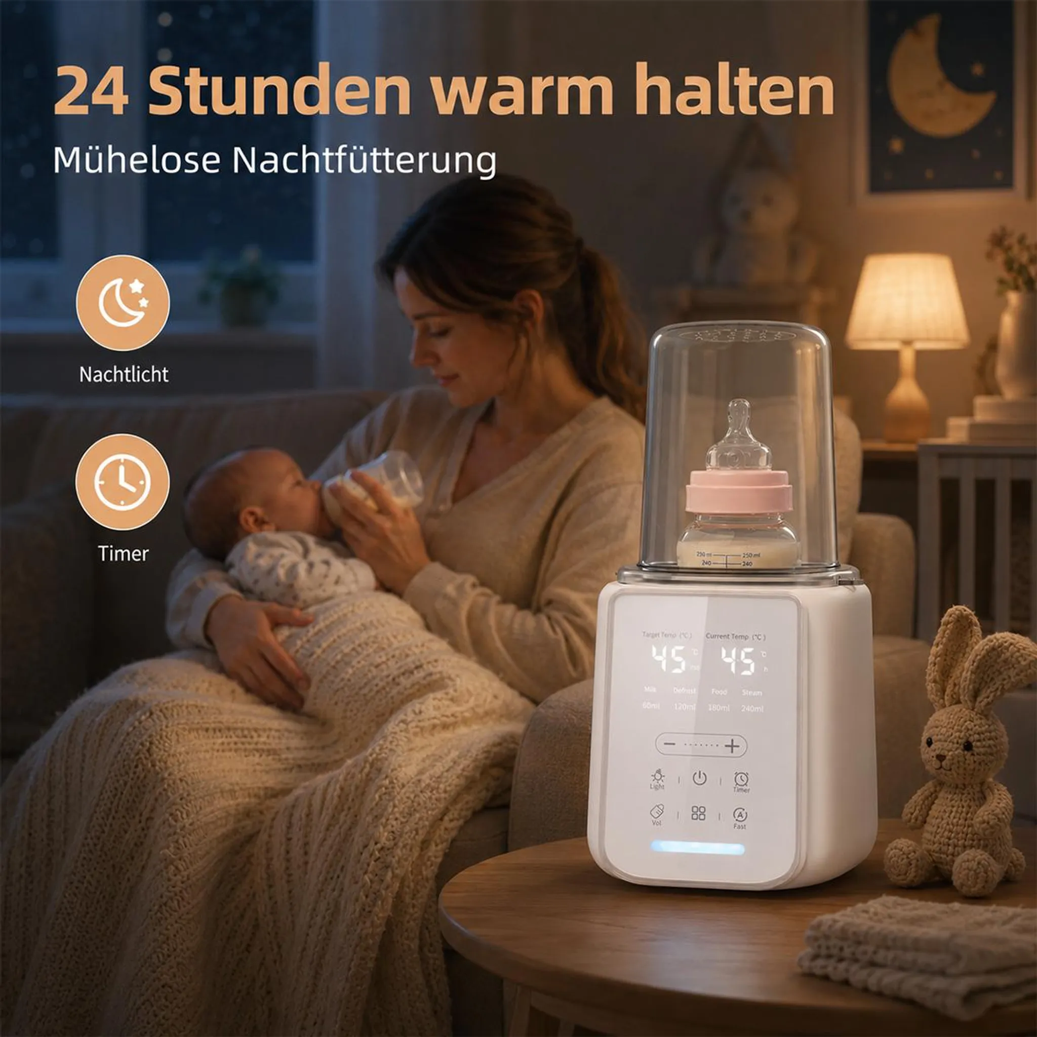 Eine Mutter füttert ihr Baby in einem gedimmten Raum neben einem weißen Flaschenwärmer.
