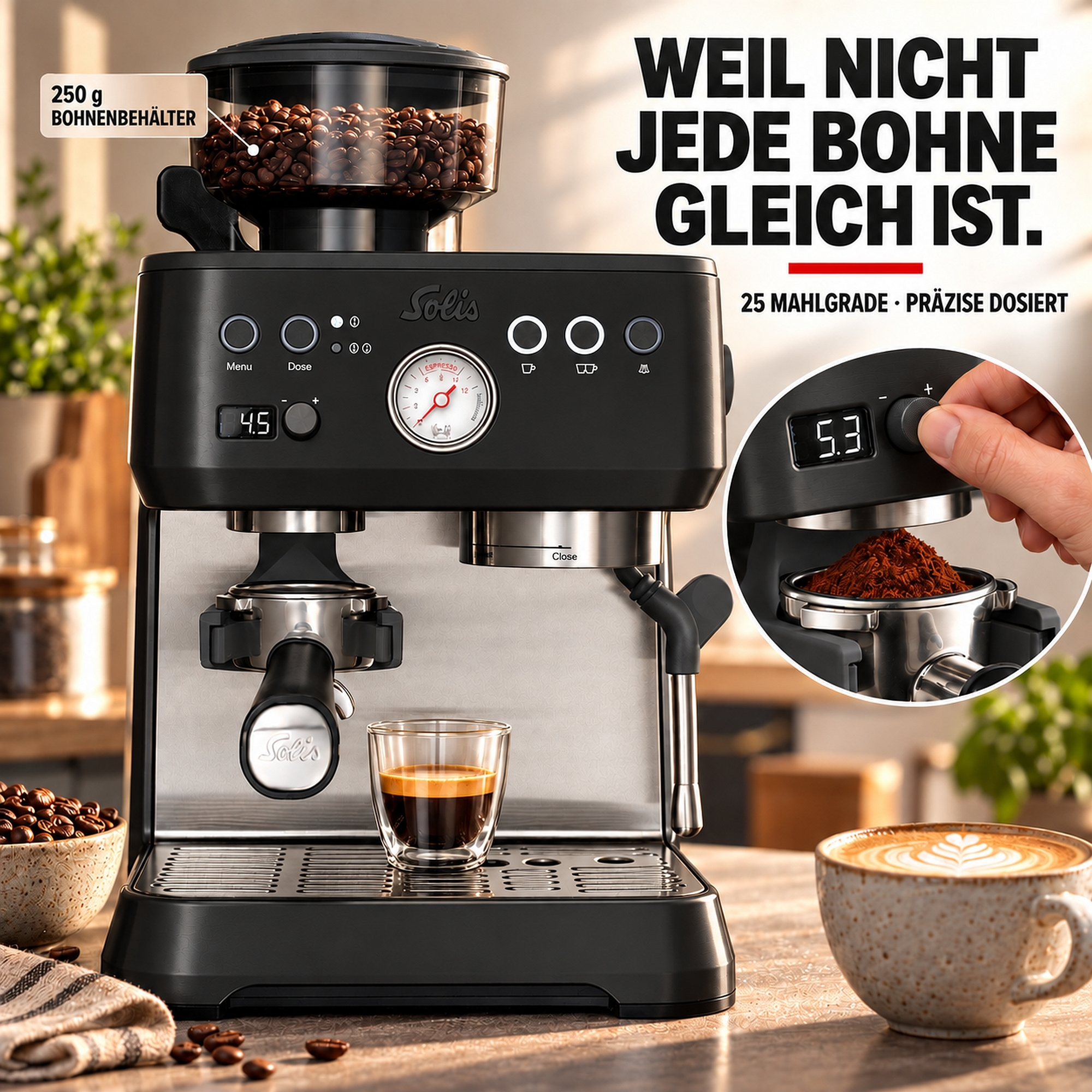 Eine schwarze Solis-Espressomaschine mit Bohnenbehälter, einem Glas Espresso und deutschem Werbetext.