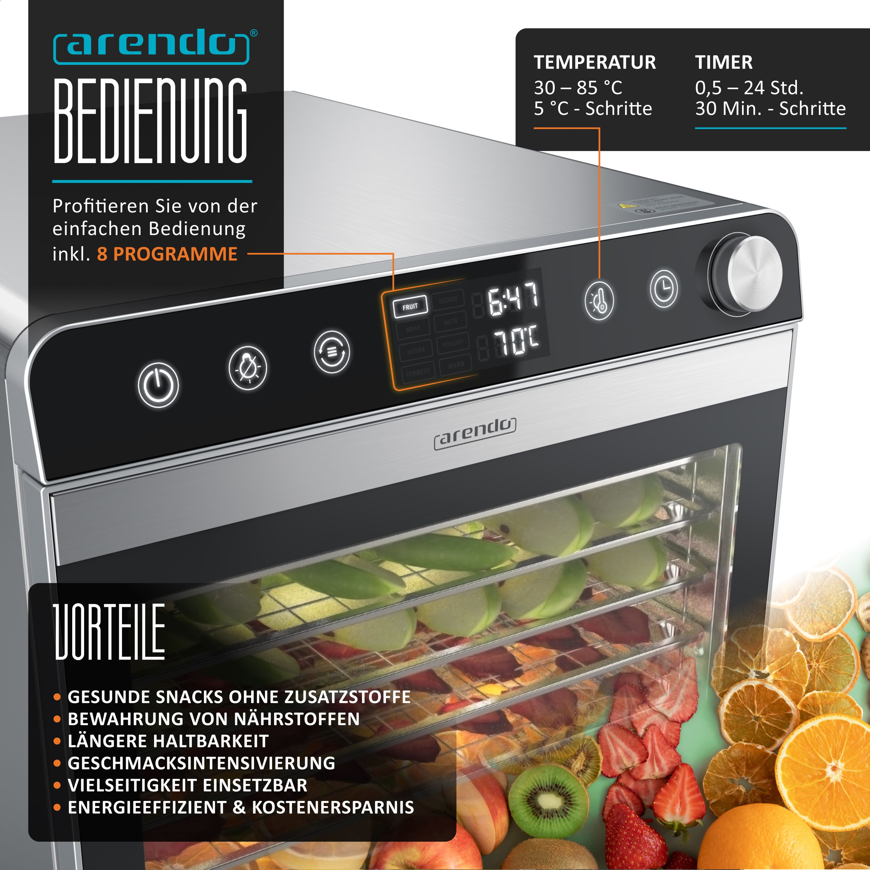 Edelstahl-Dehydrator mit Touch-Bedienfeld, Digitaldisplay, Temperatur- und Timer-Einstellungen sowie Trockenobst.