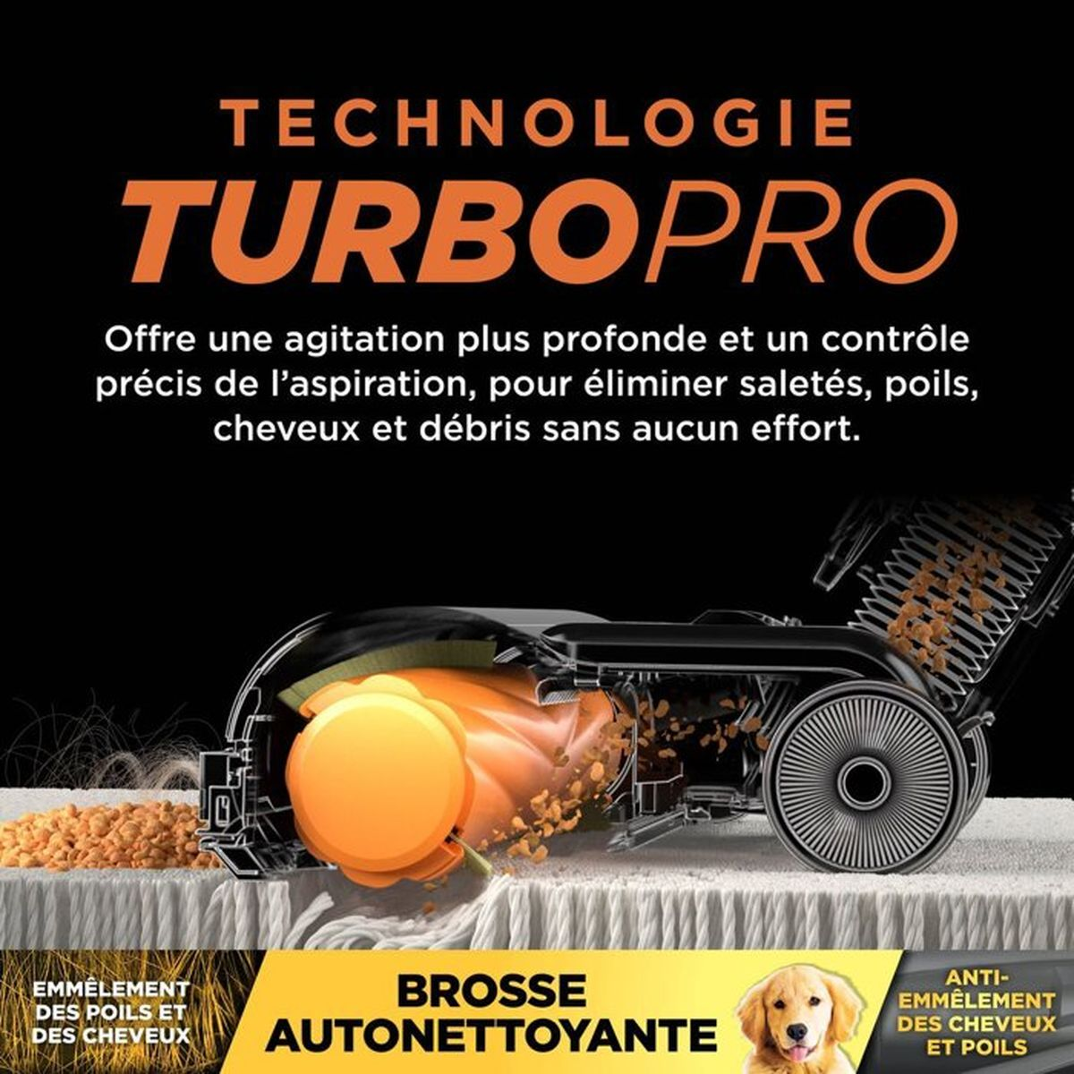 Diagramma che mostra l'aspirapolvere Turbopro con spazzola rotante che rimuove detriti dal tappeto.
