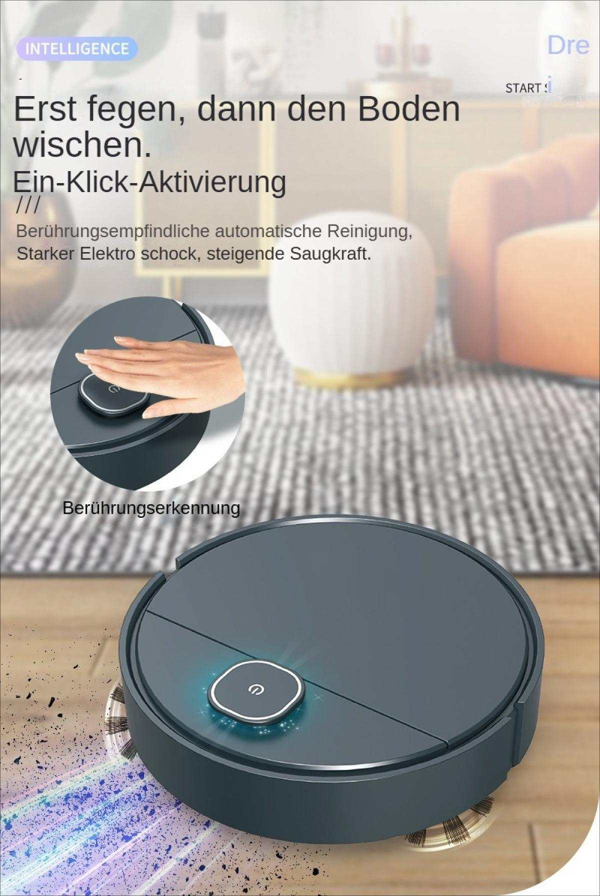Ein grauer Saugroboter auf einem Holzboden mit deutschem Text und einer Nahaufnahme des Startknopfes.