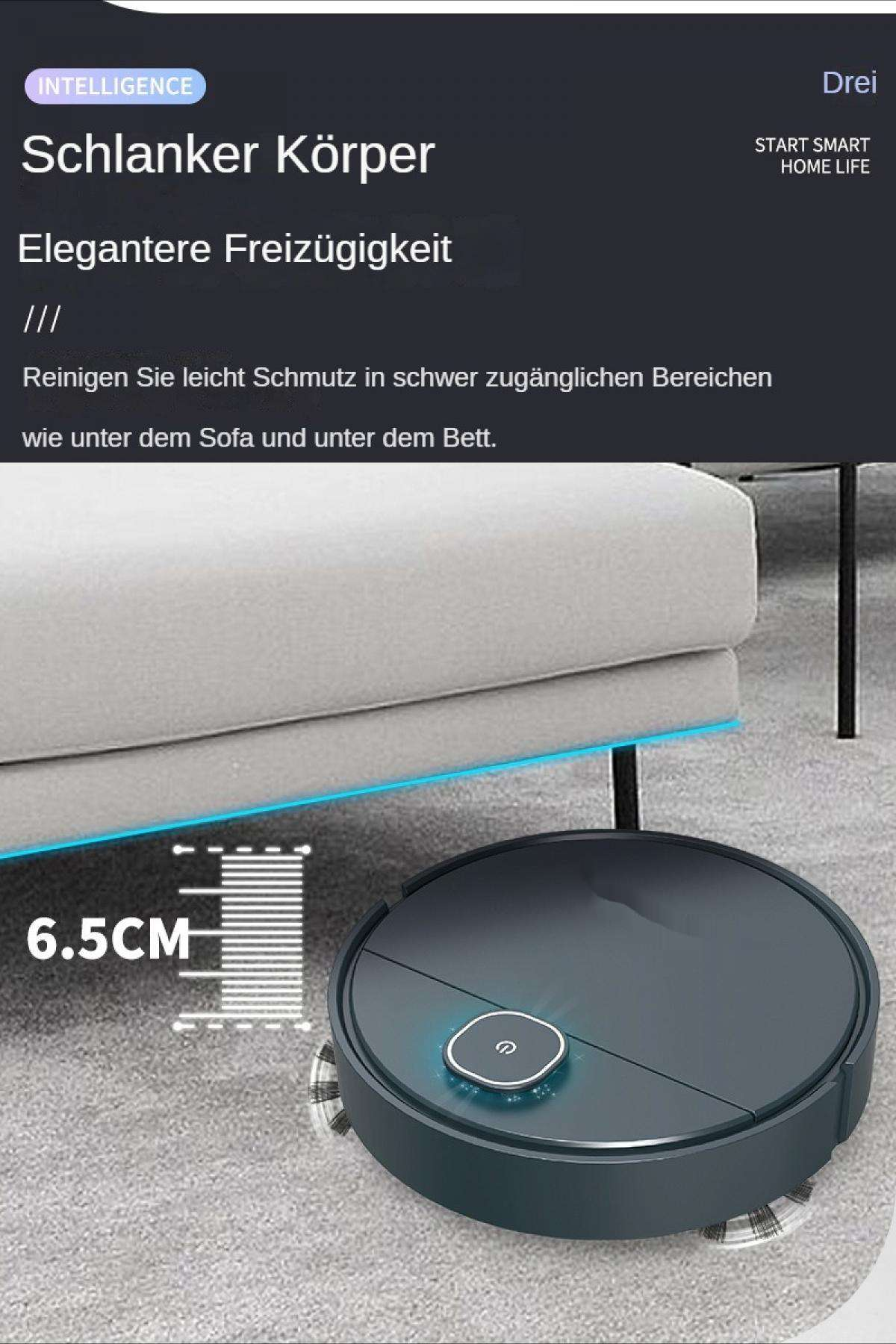 Ein flacher Roboterstaubsauger reinigt unter einem hellen Sofa auf einem Teppichboden.