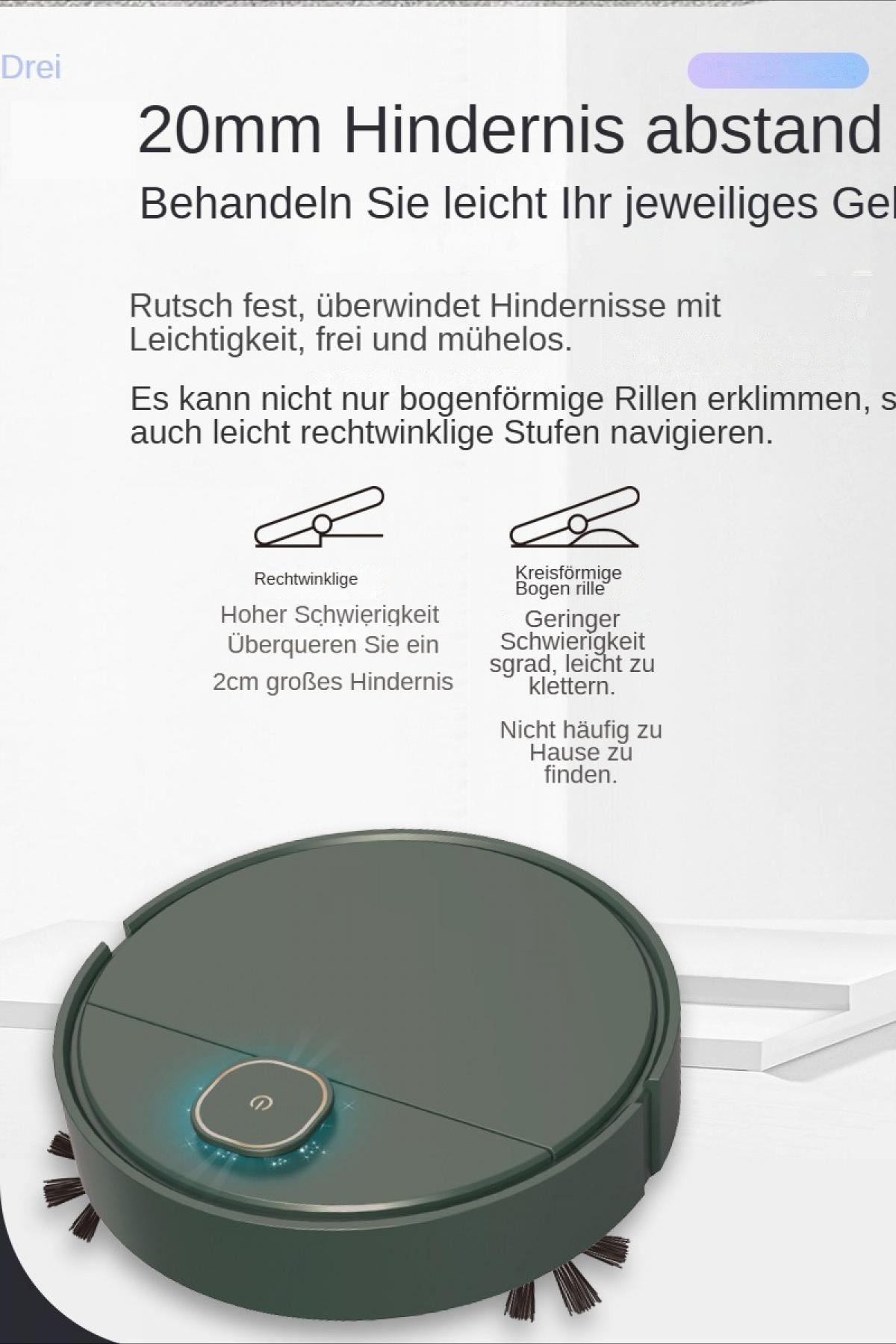 Ein dunkelgrüner Saugroboter vor einem Plakat mit deutscher Produktbeschreibung und Erklärgrafiken.