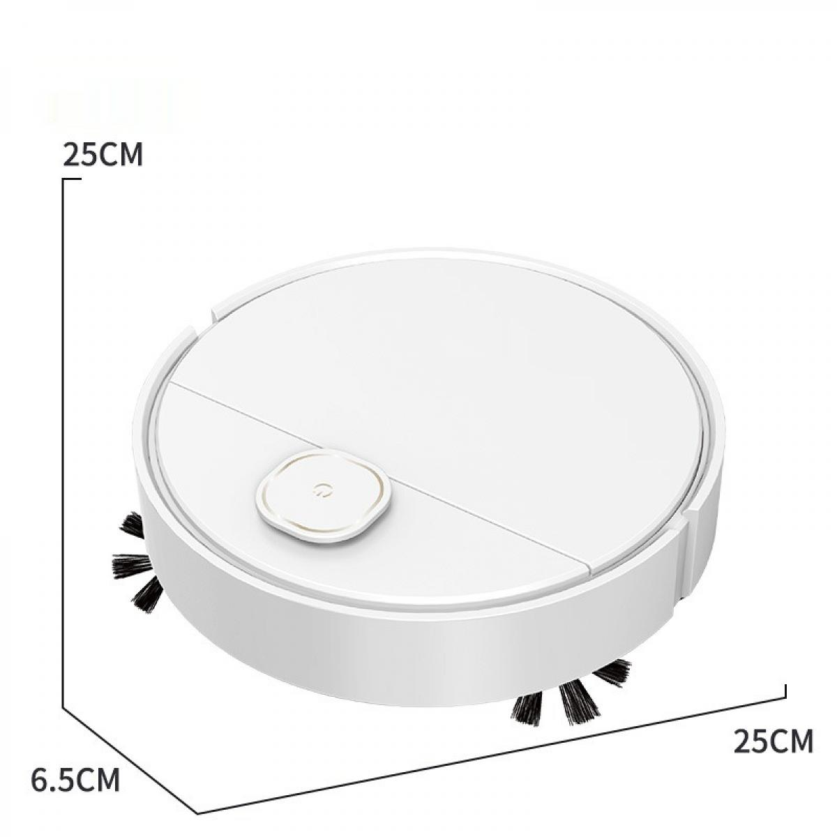 Weißer Saugroboter mit Maßen: 25cm Durchmesser und 6,5cm Höhe.