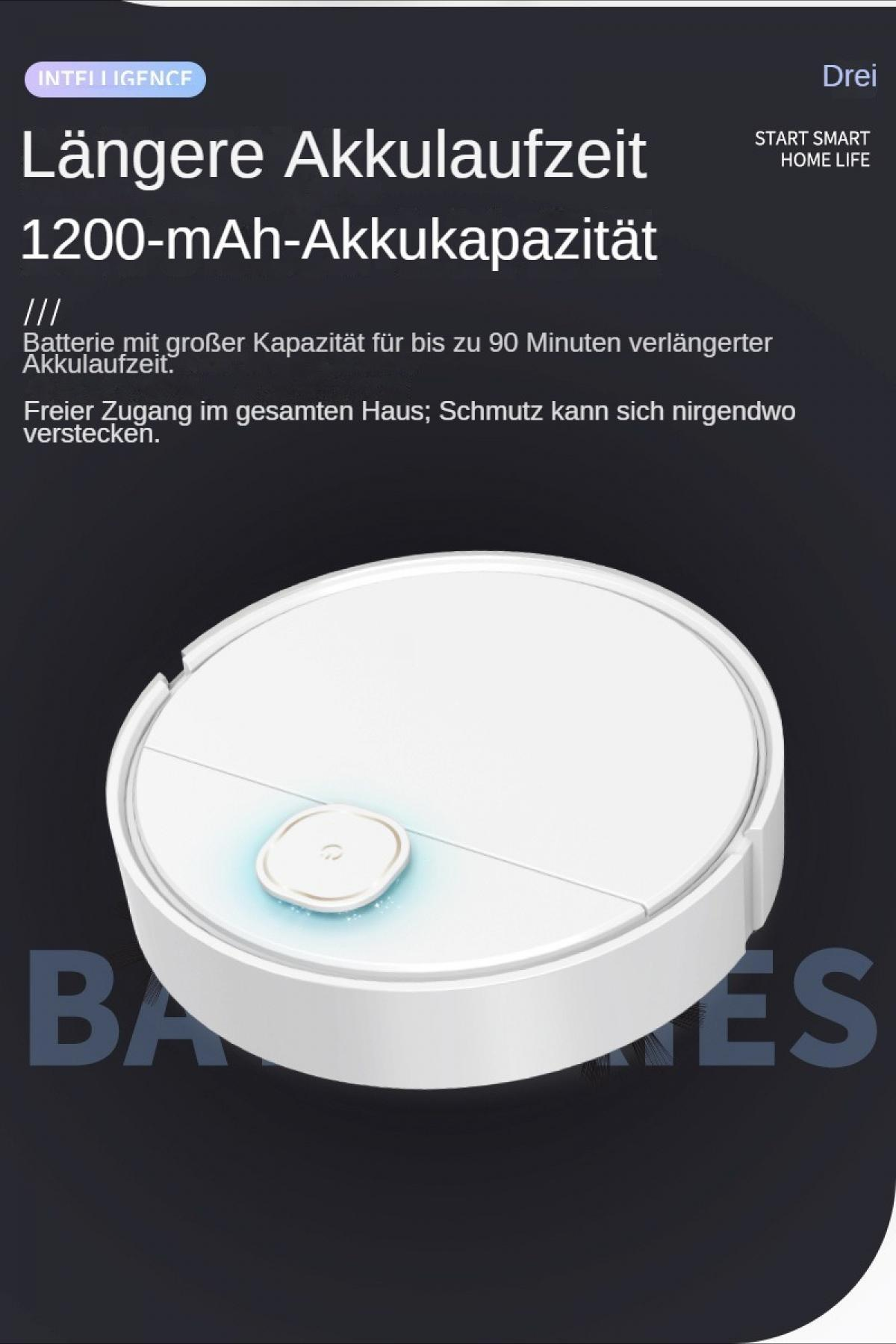 Ein weißer Saugroboter mit blauer Beleuchtung vor einem dunklen Hintergrund mit deutschem Text.