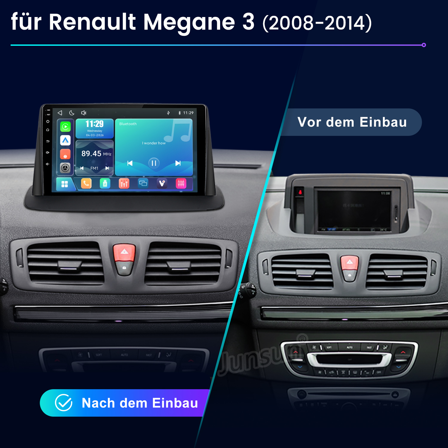 Vergleich für Renault Megane 3: links mit neuem Touchscreen-Display nach Einbau, rechts im Originalzustand.