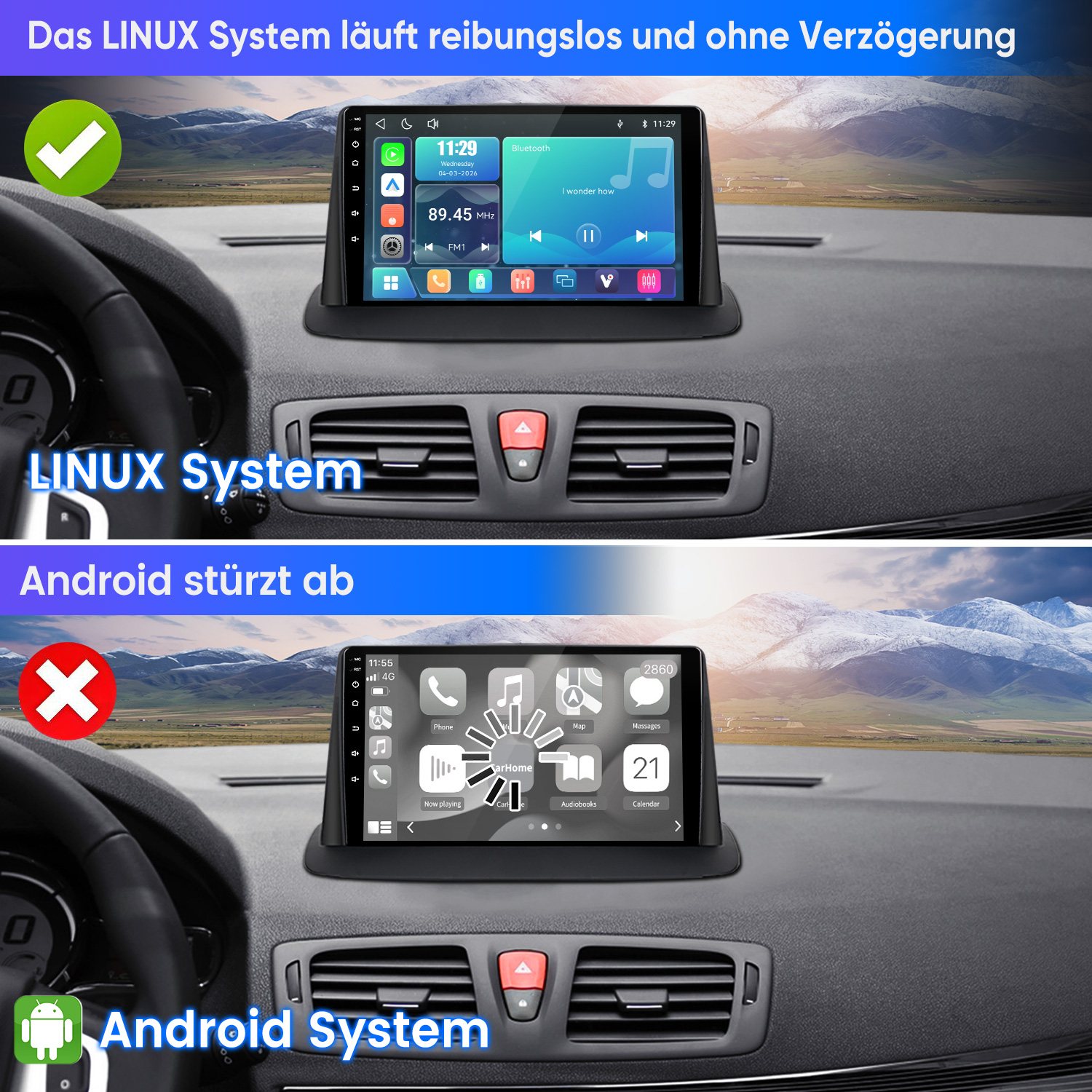 Vergleich zweier Auto-Displays: Linux läuft reibungslos, Android stürzt ab.