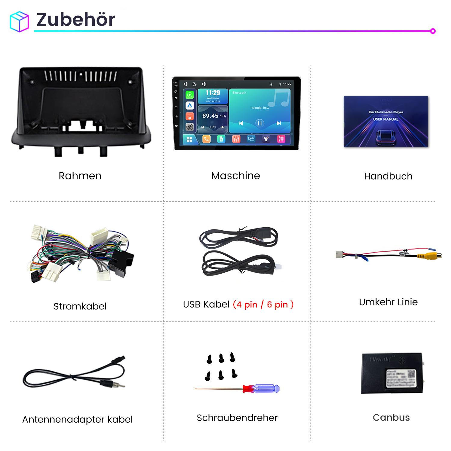 Übersicht von Autozubehör wie Rahmen, Display, Kabel, Schraubendreher und Canbus auf weißem Hintergrund.