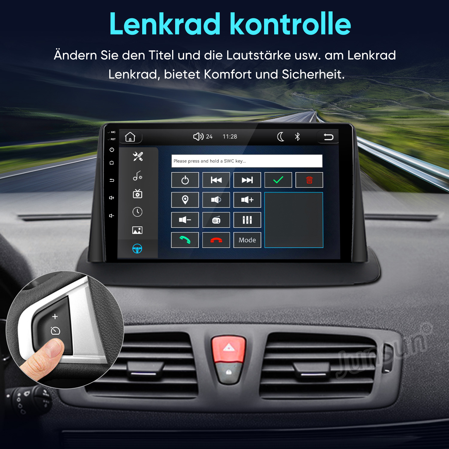 Autodisplay im Armaturenbrett zeigt Lenkradsteuerungseinstellungen, inset zeigt Daumen auf Lenkradtaste.