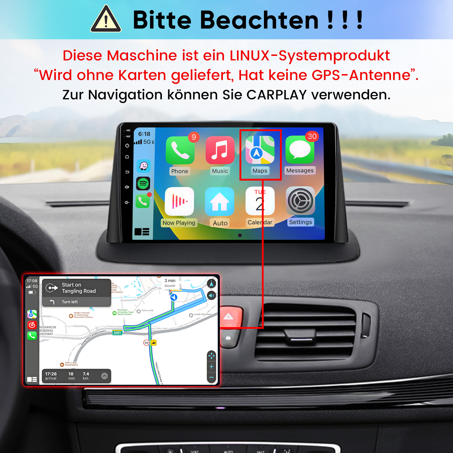 Ein Linux-Auto-Display zeigt CarPlay und eine Benachrichtigung über das Fehlen von GPS-Karten.