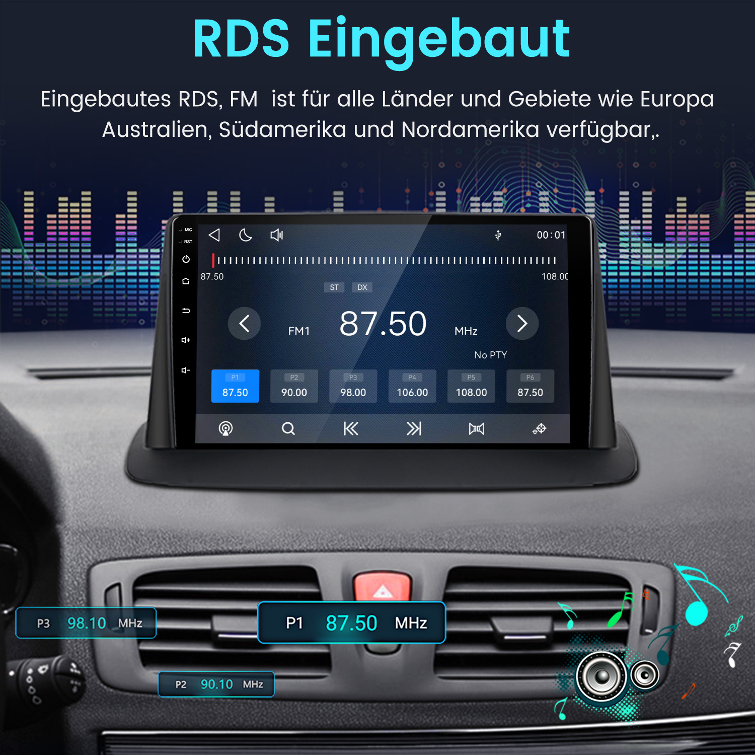 Ein Auto-Multimedia-Display zeigt die UKW-Radiofrequenz 87.50 MHz an, mit Texten oben und Symbolen unten.