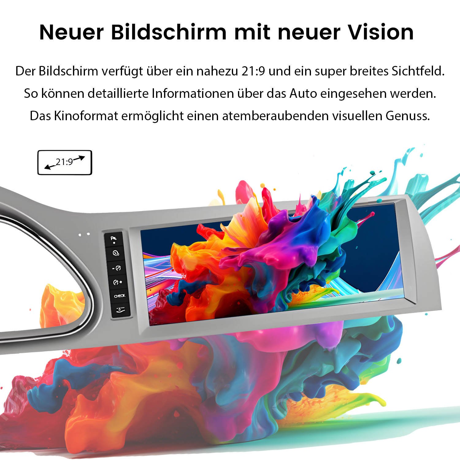 Ein breiter Autobildschirm im 21:9-Format mit einer farbenfrohen, spritzenden Farbexplosion.