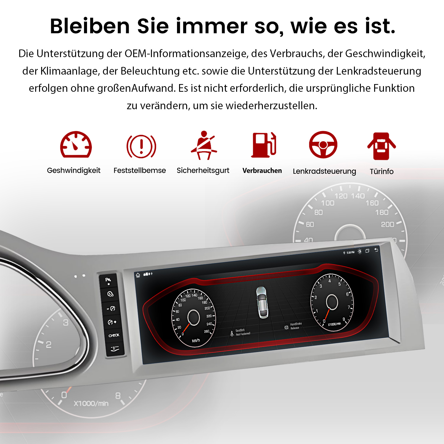 Ein digitales Autodisplay zeigt Tacho, Kraftstoff und Fahrzeuginformationen mit roten Akzenten.