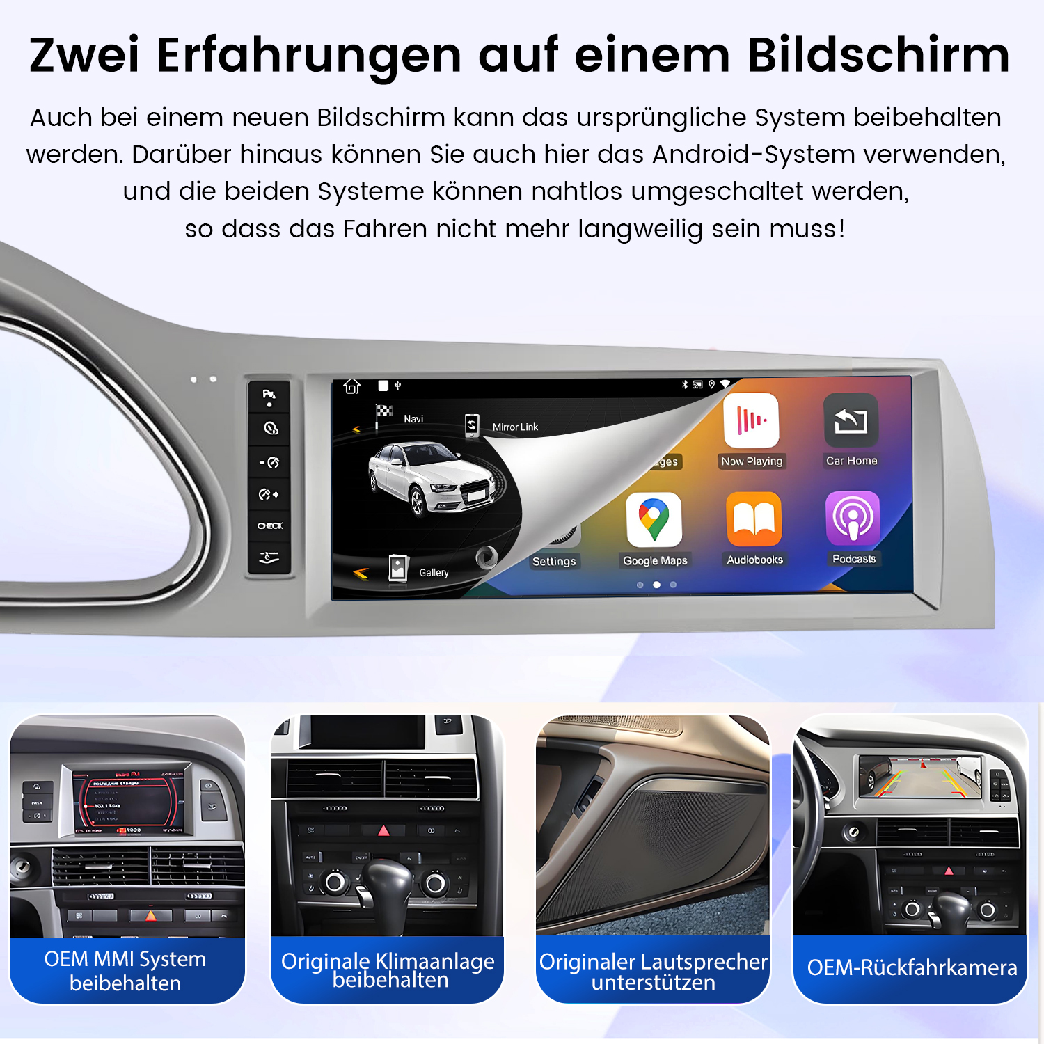 Autobildschirm mit App-Icons zeigt zwei Systeme und vier Funktionsbeispiele darunter.