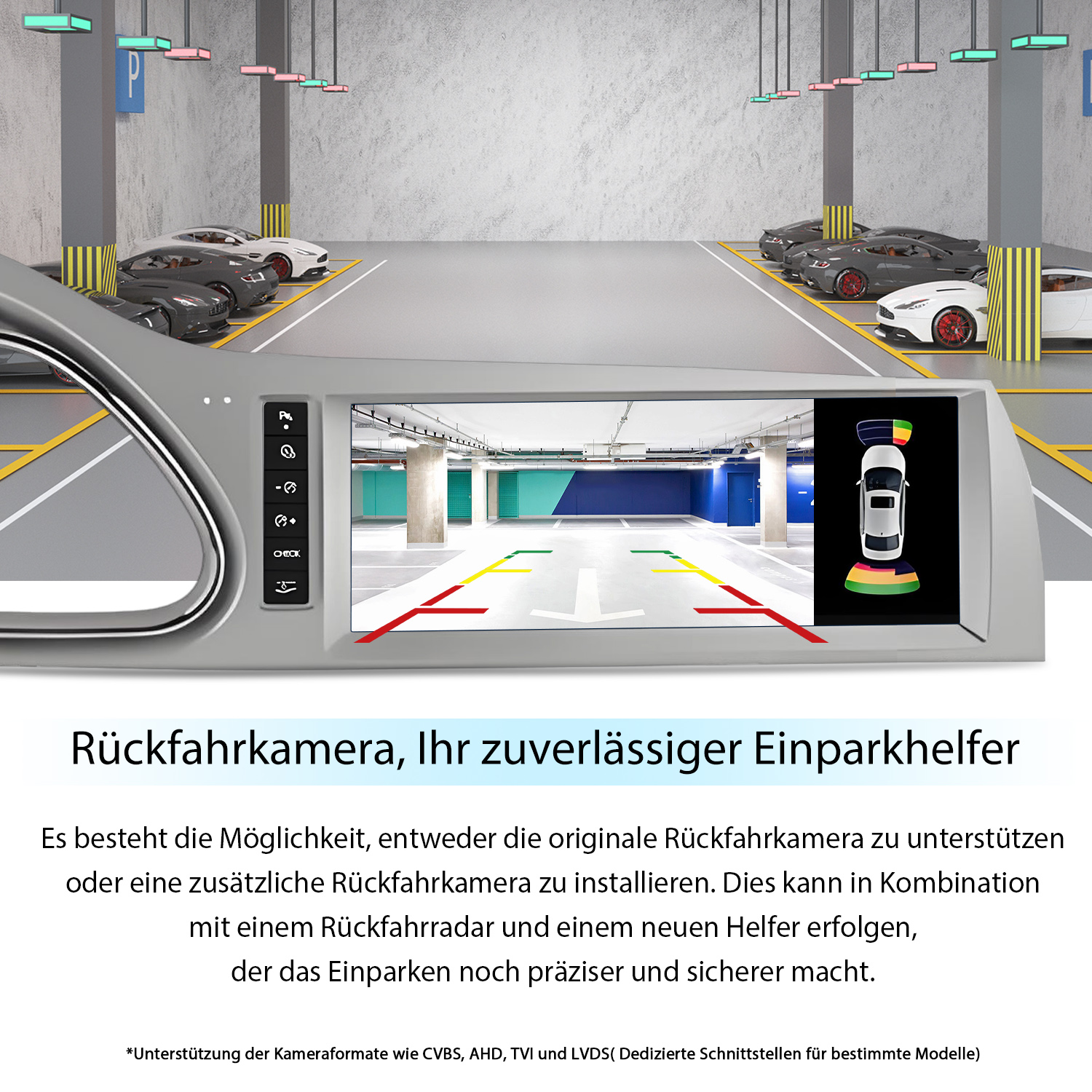Ein Autodisplay zeigt die Ansicht einer Rückfahrkamera in einem Parkhaus, darüber deutscher Werbetext.