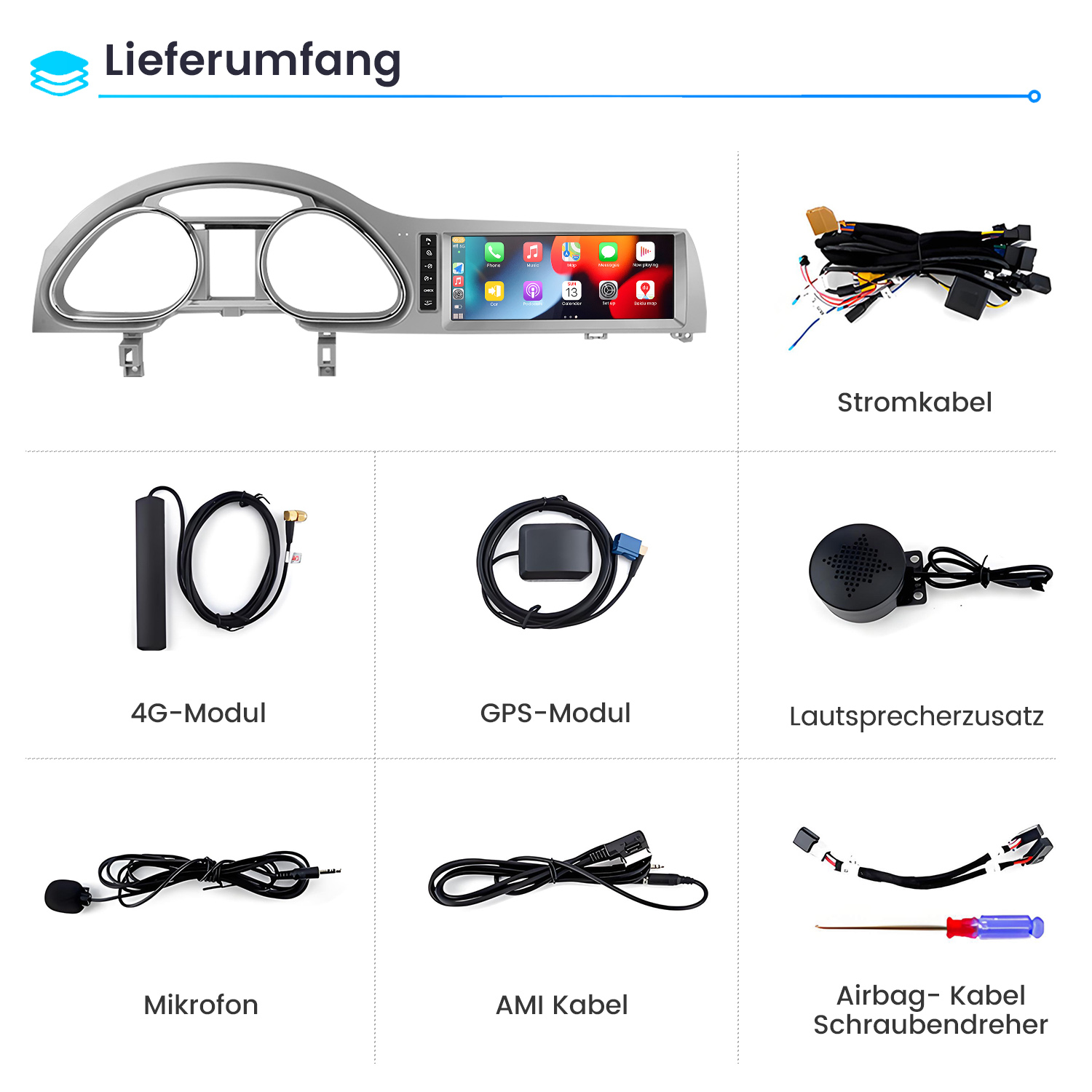 Lieferumfang einer Auto-Multimediaeinheit mit Armaturenbrettblende, Kabeln, Modulen und Mikrofon.