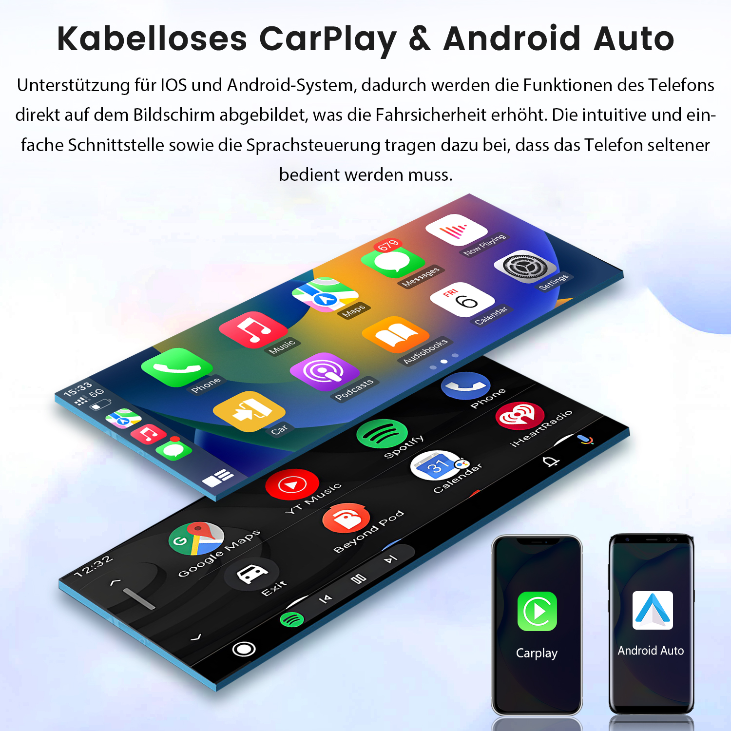 Grafik zeigt kabelloses CarPlay und Android Auto auf zwei Autodisplays und zwei Smartphones.