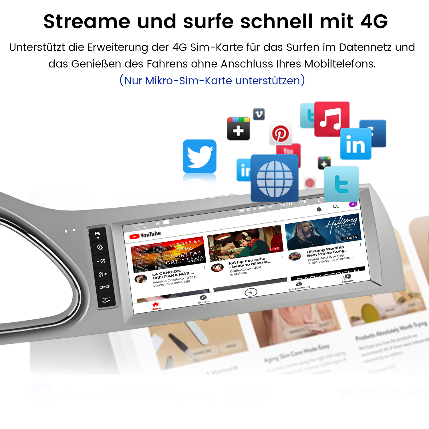 Ein Car-Display zeigt YouTube und Social-Media-Symbole im Hintergrund.